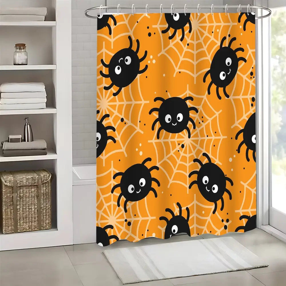 Cute Cartoon Spider Halloween Shower Curtain Smiley Spider Web Pattern Polyester Fabric Water Resistant Machine Washable Multiple Size Options With 12 Hooks For Family Bathroom Apartment Dormitory Decor