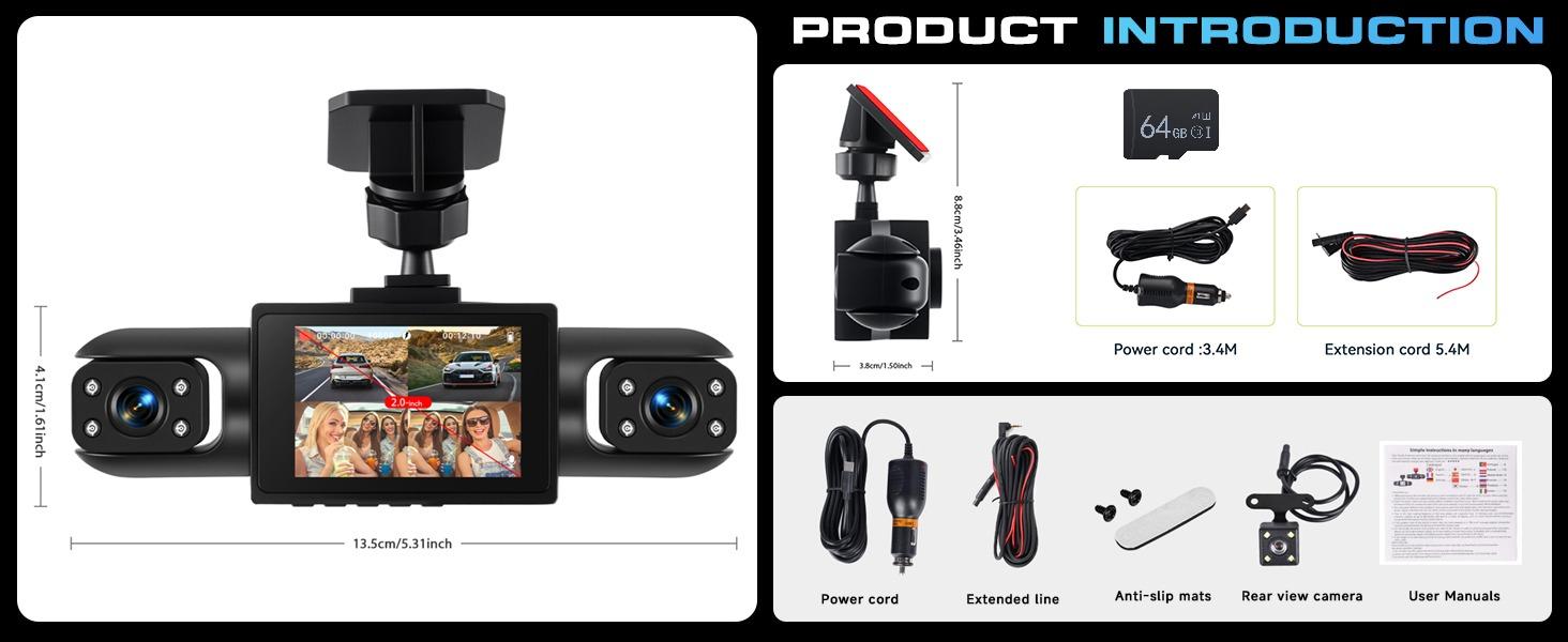 4 Channel 360° Dash Cam Front and Rear Inside Left Right, Dash Camera for Cars, Built-in Night Vision, Sensitive Motion Detection 24/7 Recording Parking Mode Monitor Reversing Help,(option) 64G TF Card