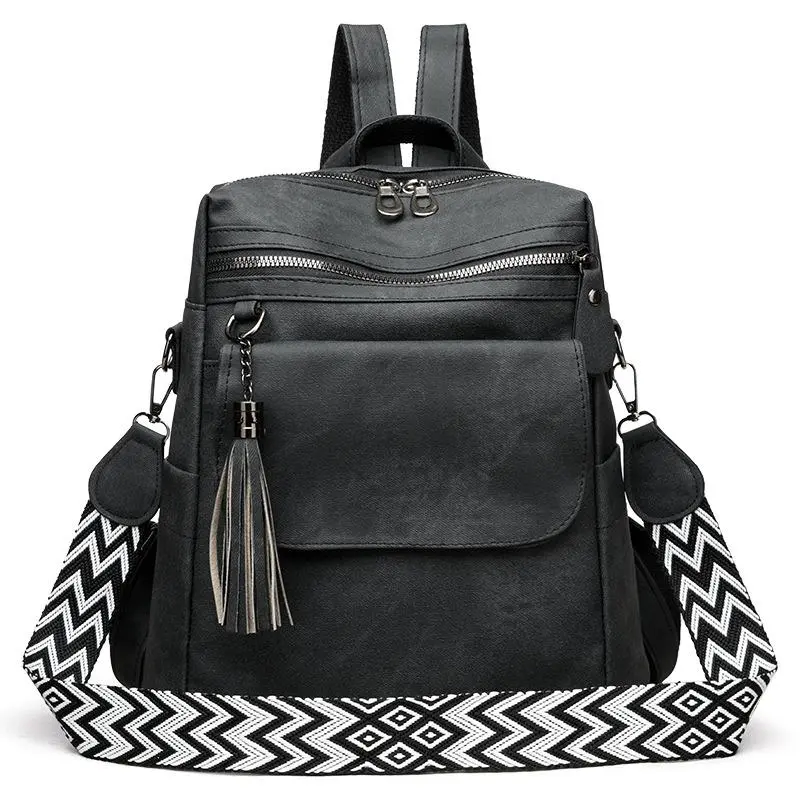 Women's Ethnic Style Soft Leather Backpack for Daily Commute, Shopping, Campus,Casual All-Match Daypack with Multi-Compartment Storage, Wide Padded Straps, Decorative Tassels, Secure Zipper Closure, Soft Durable Build for All-Day Comfort