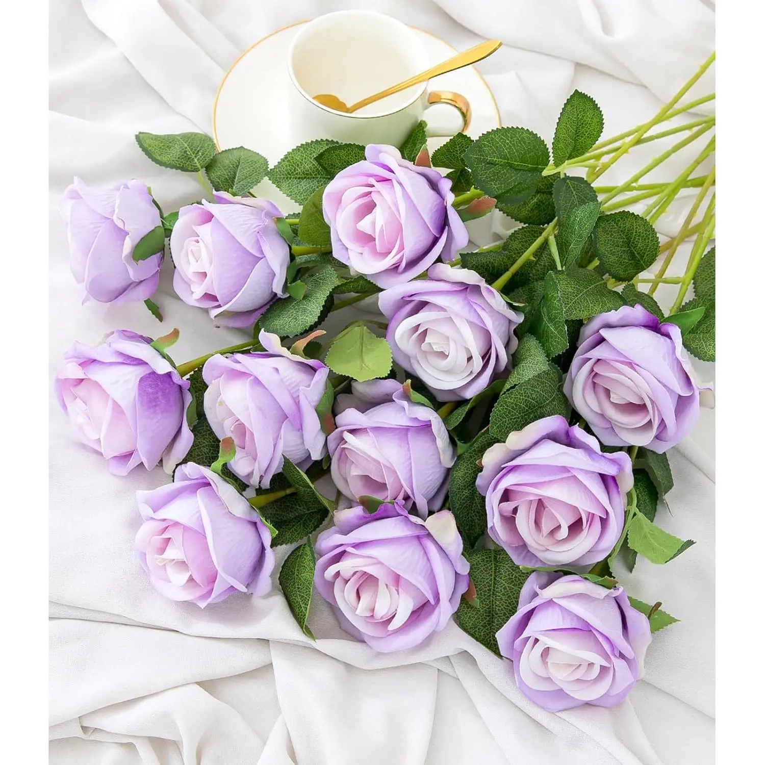 30PCS Artificial Flowers Fake Roses, Realistic Velvet Long Stem Red Roses Bouquet for Wedding Centerpiece Home Decor Party & Valentines (Purple)