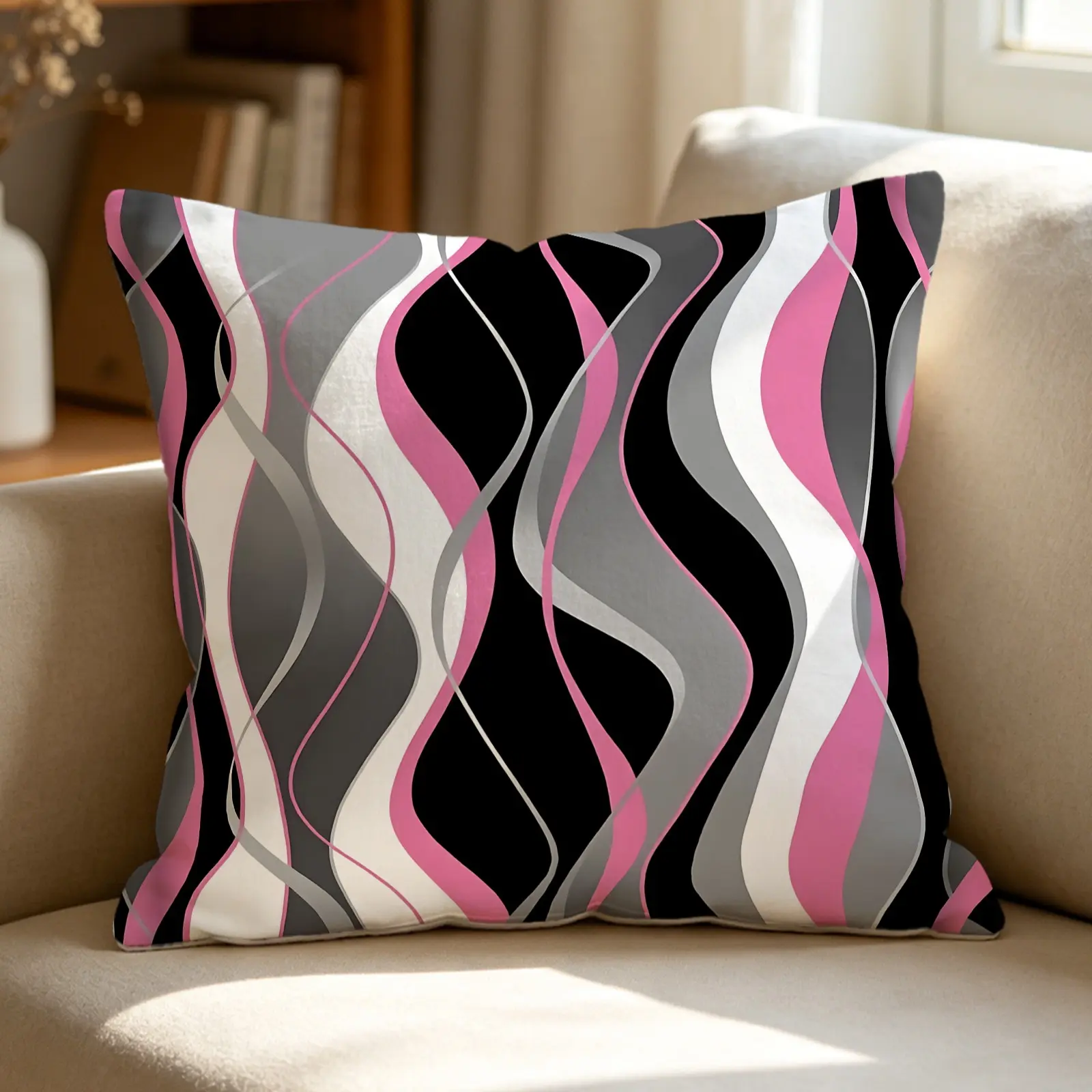 Wavy Abstract Throw Pillow, Soft Modern Geometric Polyester Fiber Cushion with Pink & Black Print, Decorative Accent Pillow, Includes Pillow Core, Aesthetic Home Decor for Couch, Bedroom, Living Room, Office, Sofa, Soft Cushions