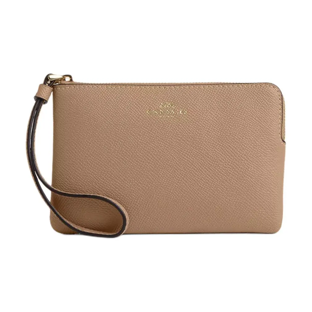 Coach Corner Zip 16 Wristlet Clutch Bag for Women – Metallic Logo, Recycled Leather, Small Size, Brown