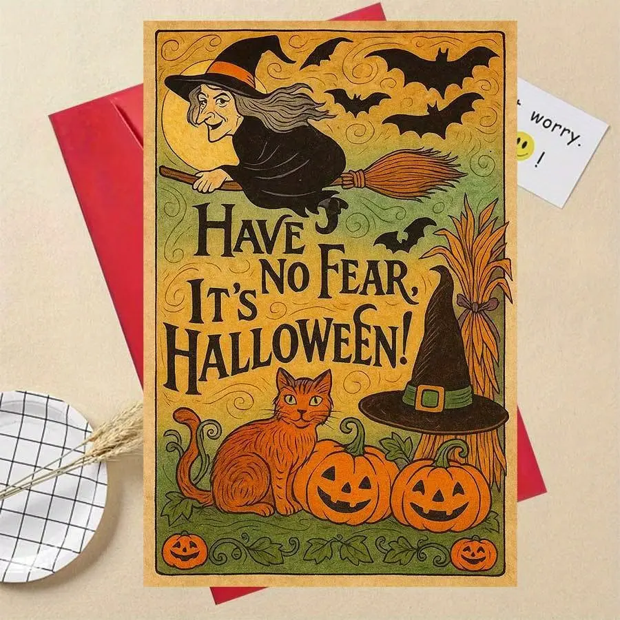 1pc Vintage Halloween Greeting Card with Witch Cat Pumpkins, Perfect for Spooky Season Gifts and Party Invitations