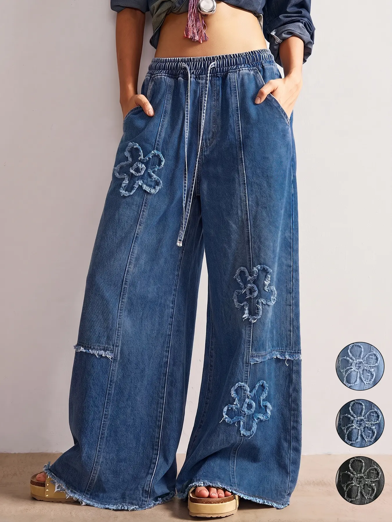 Women's Casual Floral Fringe Washed Vintage Baggy Wide Leg Denim Jeans, Comfortable Loose Fit Adjustable Drawstring Elastic Waist Pants for Everyday Wear