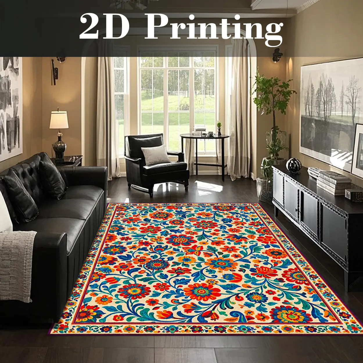 Local Delivery, Multiple Sizes Washable Non Slip Boho Floral Area Rug for Living Room Bedroom, Vibrant Persian Style Rug