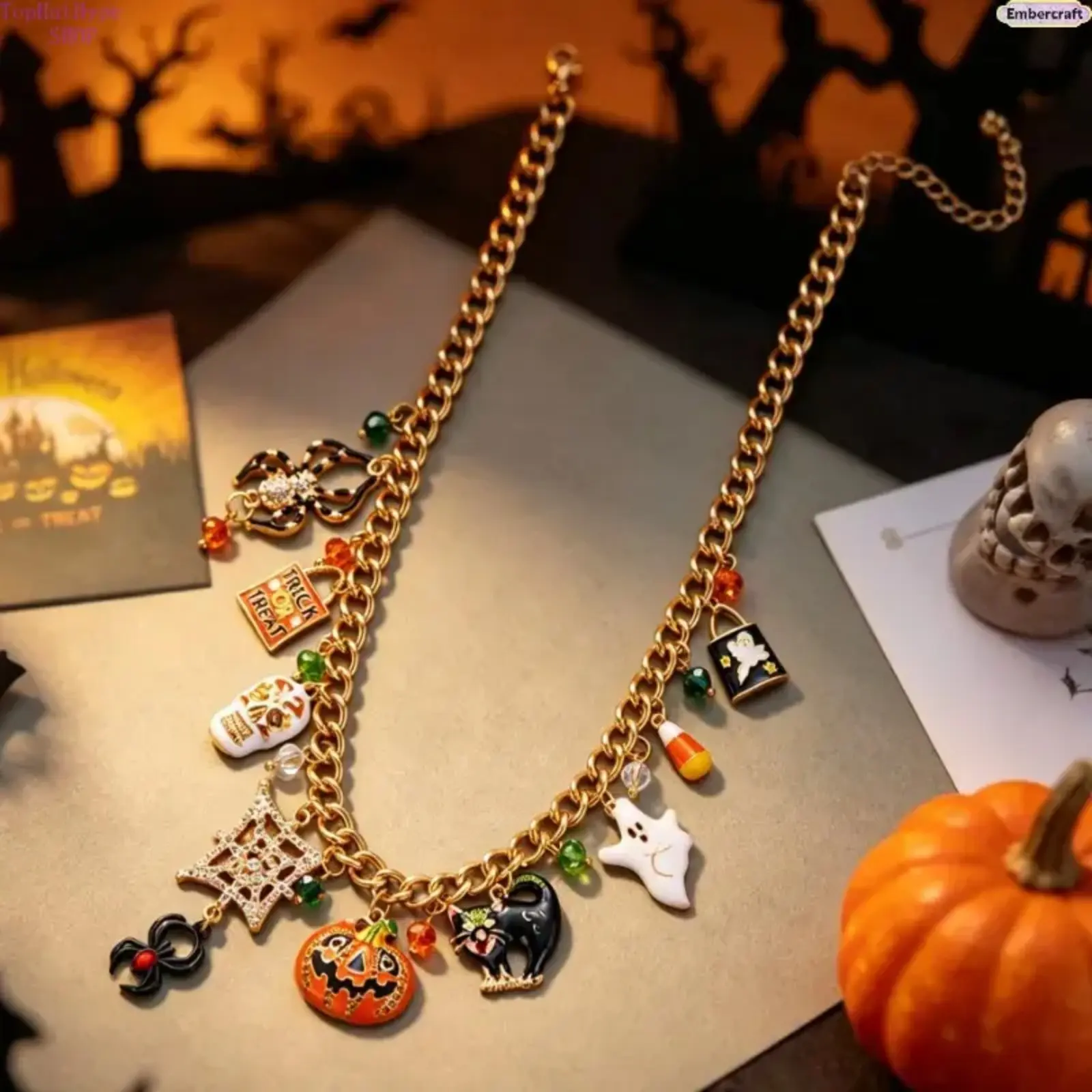 Female Gothic Multi-Charm Halloween Necklace - Black Metal Chain Jewelry with Pumpkin, Black Cat, Spider, Coffin, Skeleton Charms - Spooky Statement Costume Accessory for Halloween Party, Holiday Gift, Gothic Motifs, Metal Charms