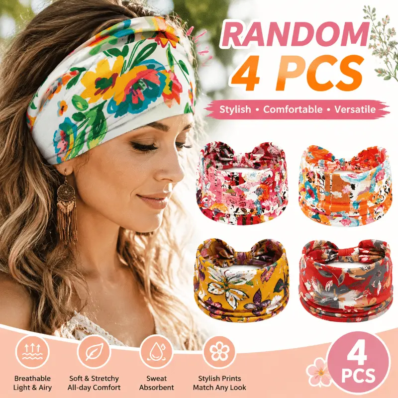 Women's Bohemian Elastic Fabric Headbands (4 Pcs Random Assortment) - Anti-Sweating, Moisture Wicking Forehead Protection Headwear for Fitness/Yoga | Headbands for Women