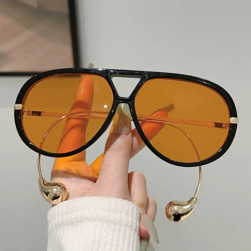 Oversized Aviator Sports Sunglasses with Teardrop Metal Temples, Double Bridge, Amber Tinted Lenses, Lightweight Retro Face-Slimming Eyewear for Summer Parties, Teardrop Temps