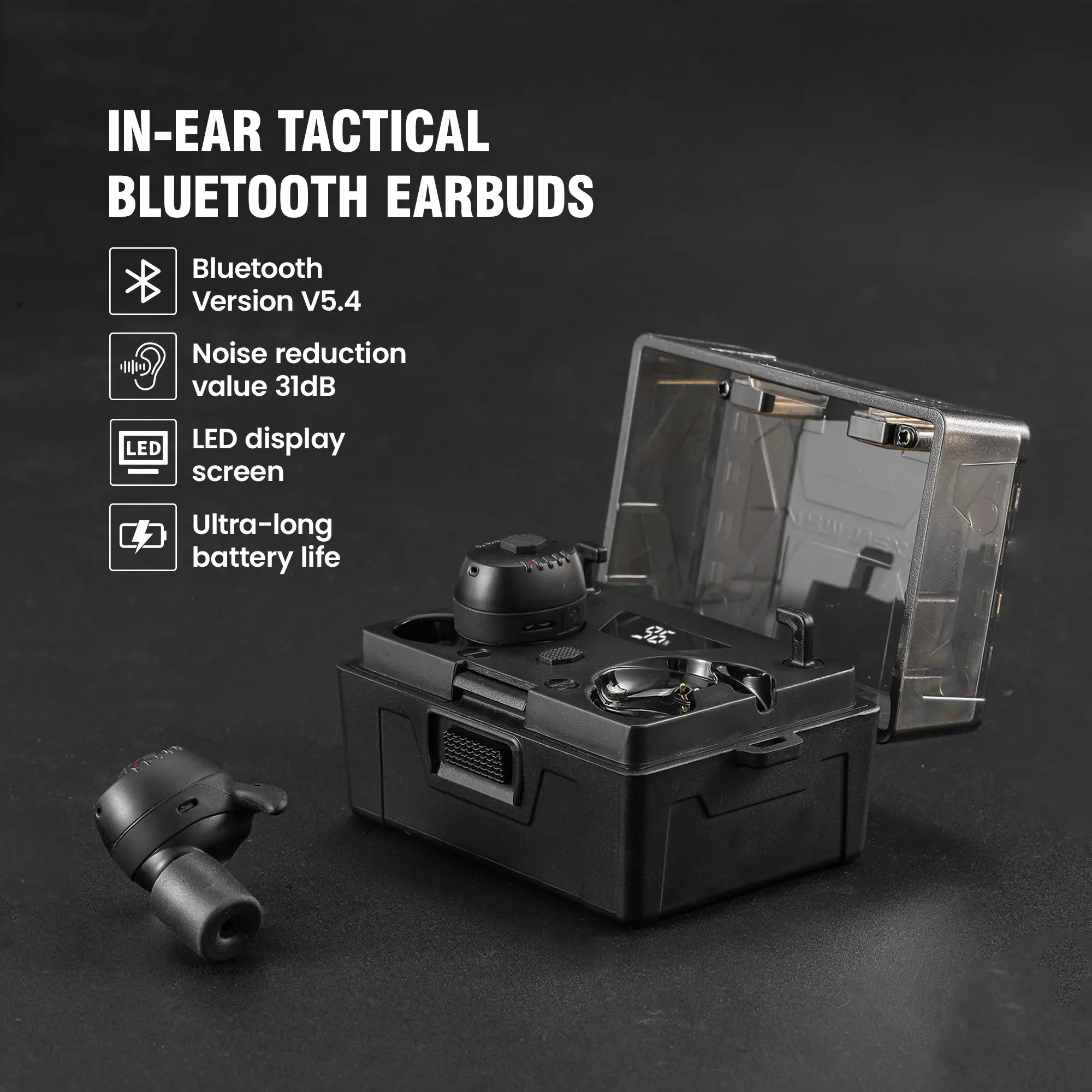 Tactical Noise-Canceling Bluetooth-compatible 5.4 Earphones, ANC Noise Reduction, 31db Silence, LED Display, Long Battery Life, Essential for Shooting, Gaming, Outdoor Activities
