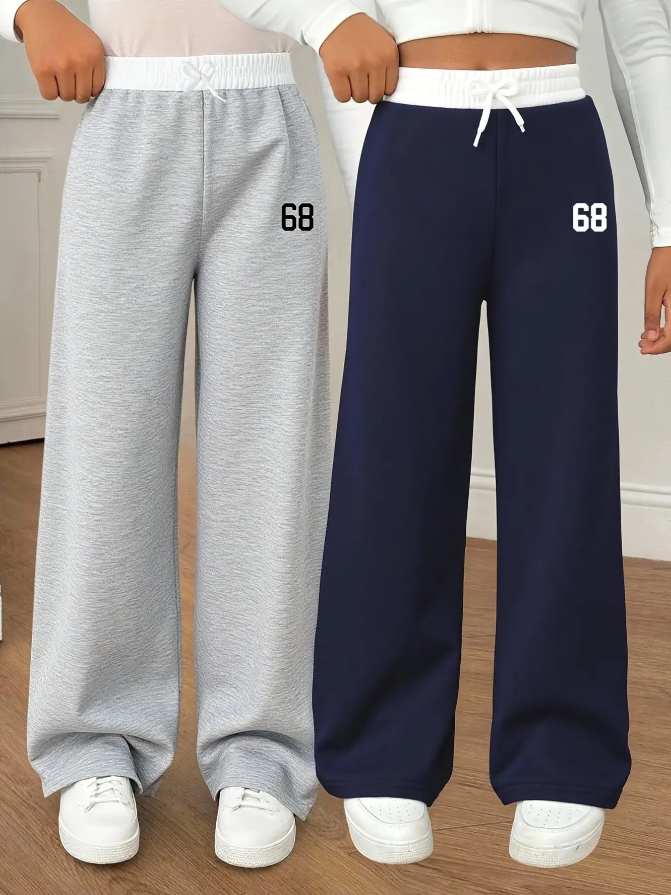 Girls' Spring Summer Loose Casual Long Pants, 2-Pack, /indigo Color Options, Elastic Waist, Side Seam, Number 68 Print, Wide Leg