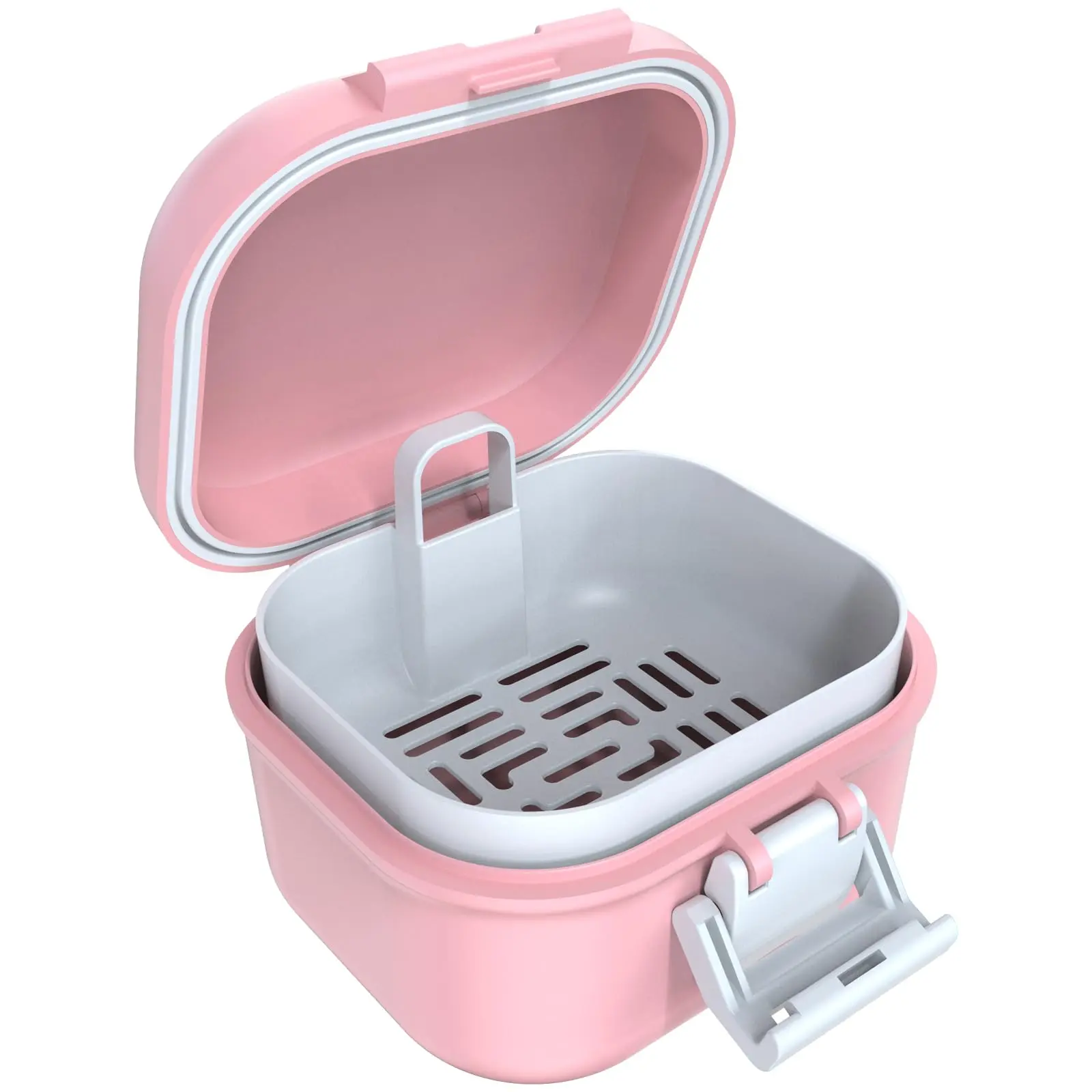Leak Proof Denture Bath Cup, Portable Soaking Denture Box, Denture Bath Case with Strainer, for Dentures and Braces (Pink + White)