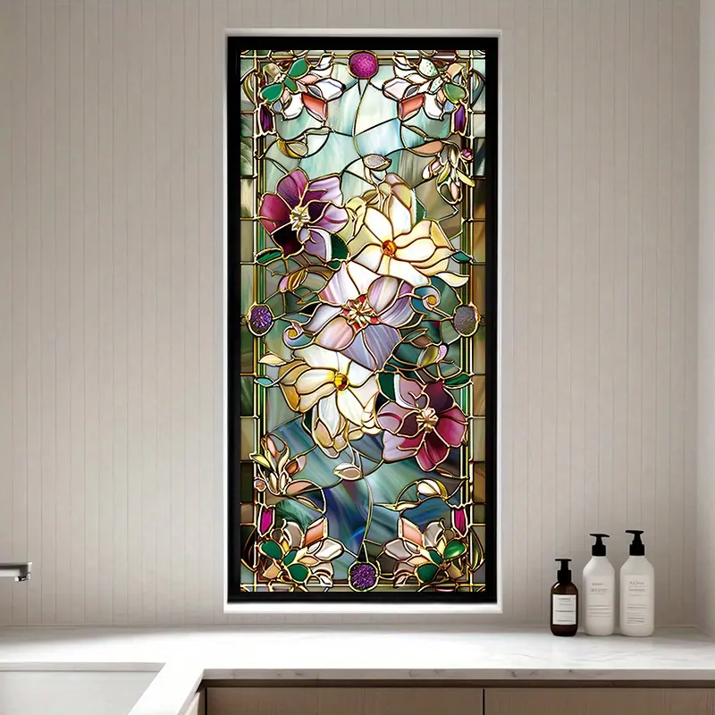 1pc Static Cling Privacy Decorative Window Film with Stained Glass Floral Design (Colorful Flowers & Green Leaves on Blue) - PVC 3mil Thick Removable Covering, No Glue/Heat Resistant for home Windows, Bathroom Doors - 17.7"x39.4" (45x100cm)