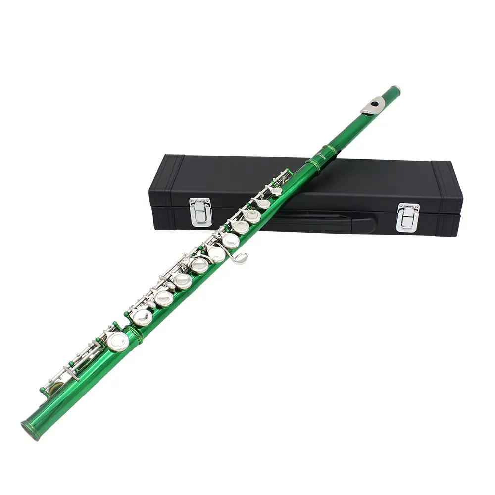 16-Hole C Flute  with White Brass Tube Green Color Nickel-Plated Brass C-Tuning, Includes Leather Case, Ideal for Wind Instrument Enthusiasts