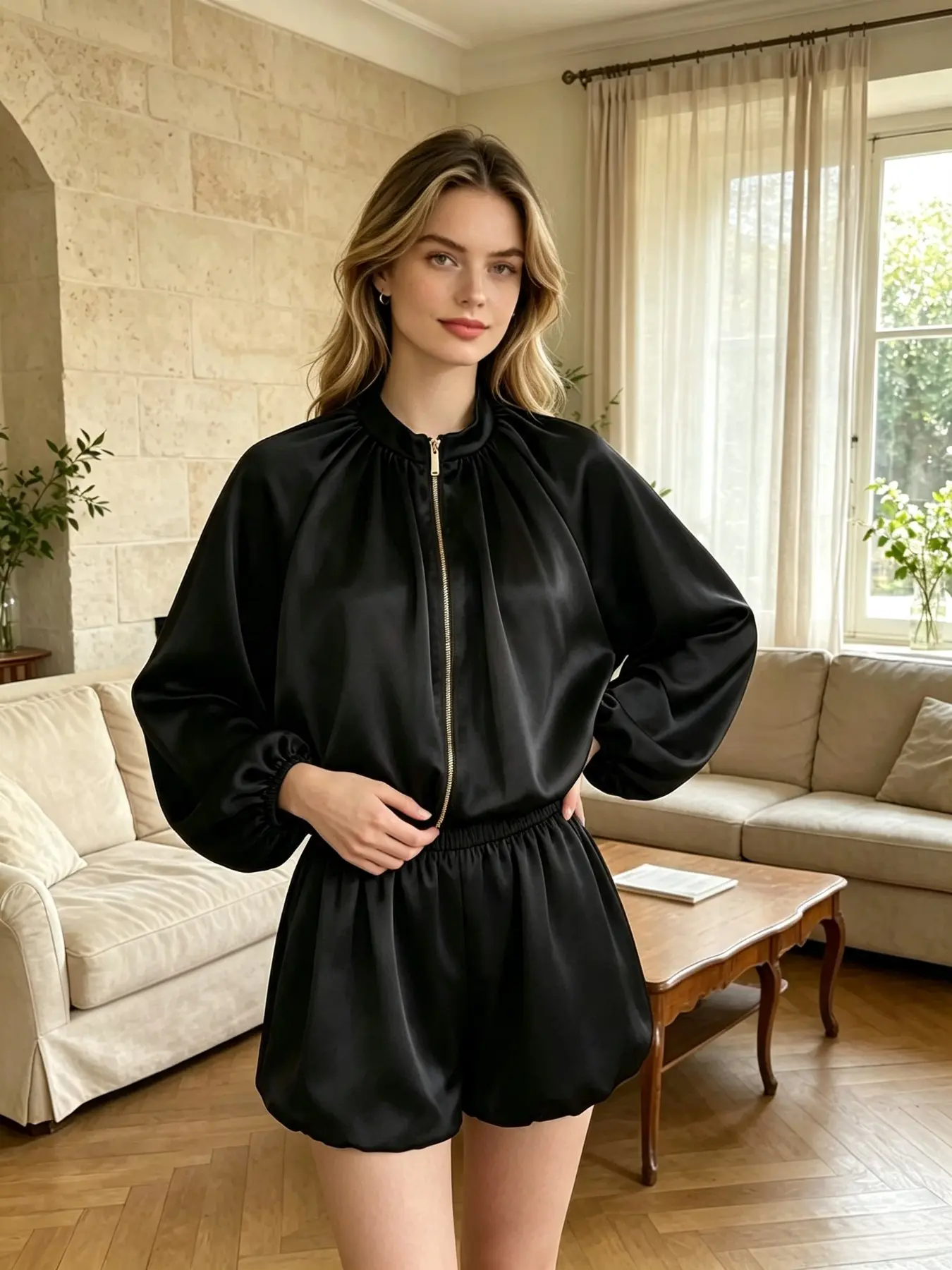 French Satin Loose Batwing Sleeve Long Sleeve Pilot Jacket, Stand Collar Zipper, Women's Thin Short Zipper Coat
