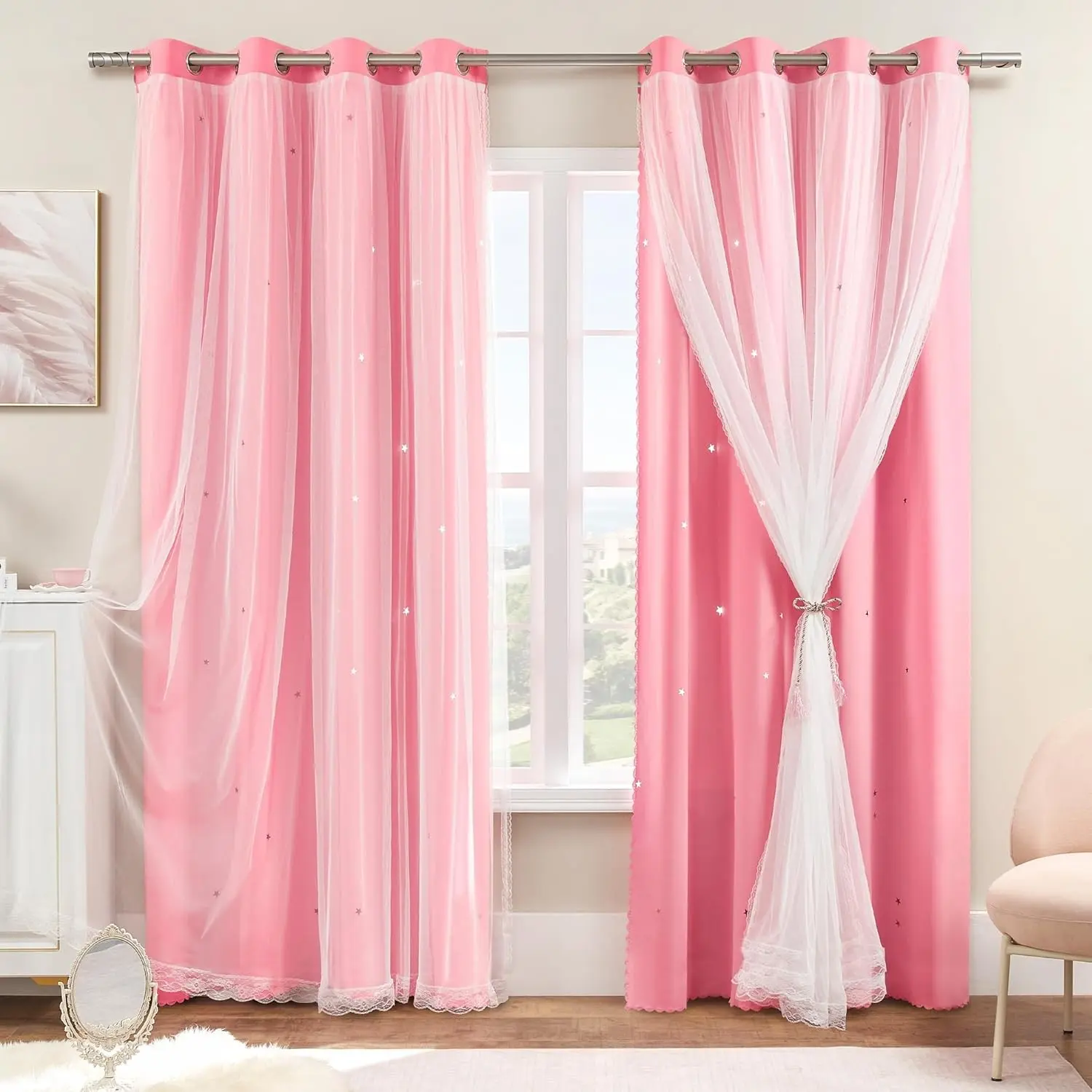 Pink Curtains for Bedroom Decor, Baby Pink Kids Blackout Curtains for Girls Room, Princess Unicorn Wall Decor Set of 1 Panel, 34x63 Inches