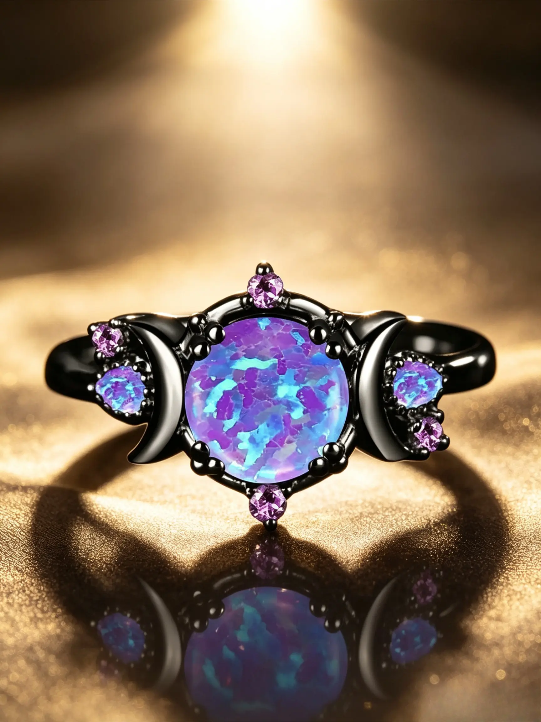 Women Double Crescent Moon Simulated Opal Ring, Gunmetal Black Gothic Witchy Round Flash Opal Solitaire Band, Tiny Simulated Amethyst Accent Dark Fantasy Promise Engagement Finger Jewelry Gift For Her