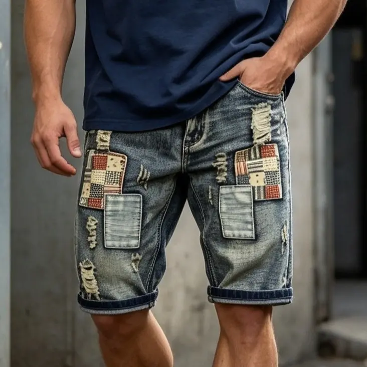Men's Ripped Denim Shorts, Plain Distressed Menswear Jeans with a Vintage Faded Finish for Streetwear & Casual Outings, Relaxed Cut, Ripped Details, Denim Fabric, Streetwear Outfits