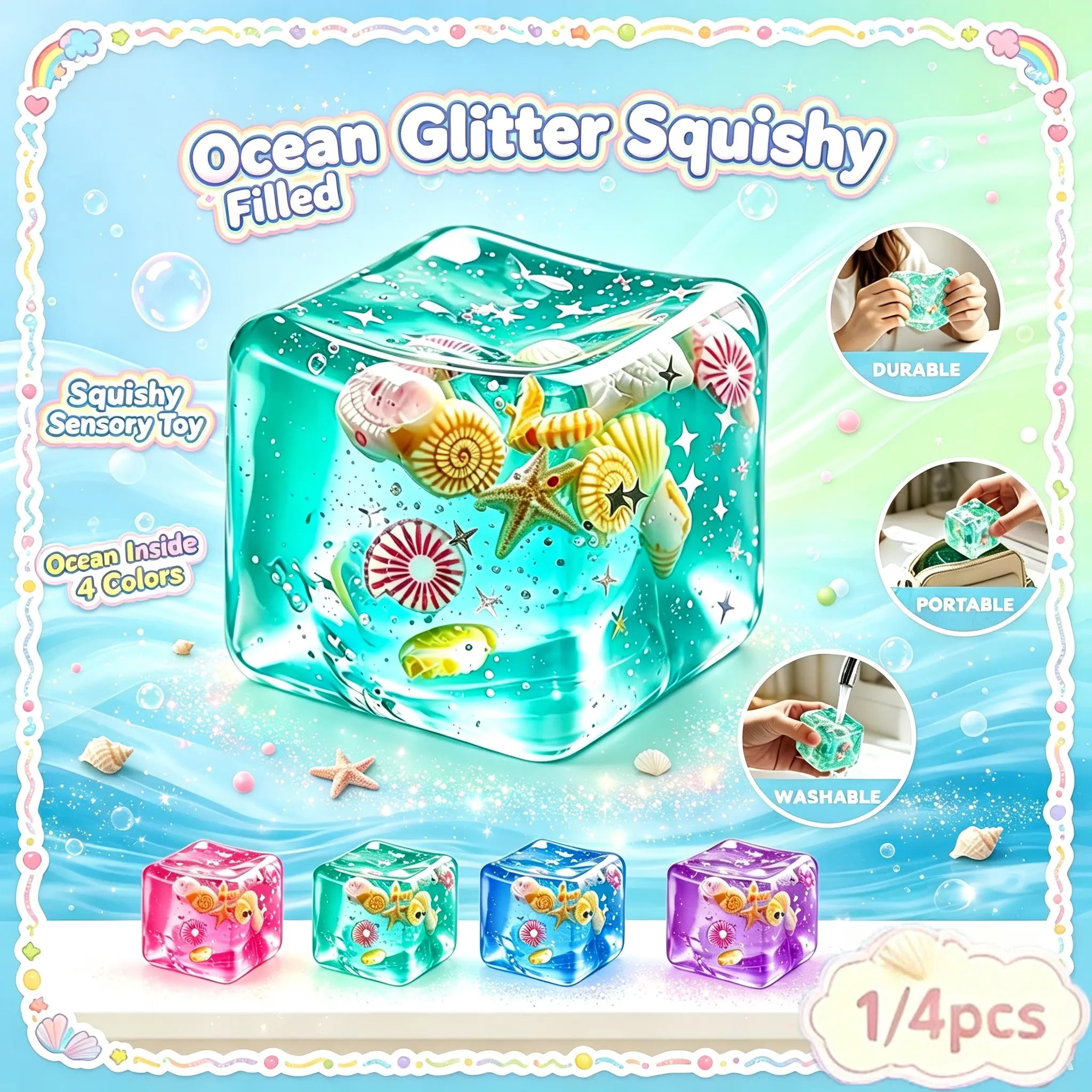 Ocean Glitter Cube Squishy Fidget Toy, Transparent Jelly Cube with Seashell Starfish Ocean Ornaments Inside, 4 Optional Gradient Colors, Soft TPR Portable Stress Relief Sensory Toy, Cute Desktop Decor, Kids Birthday Party Gift
