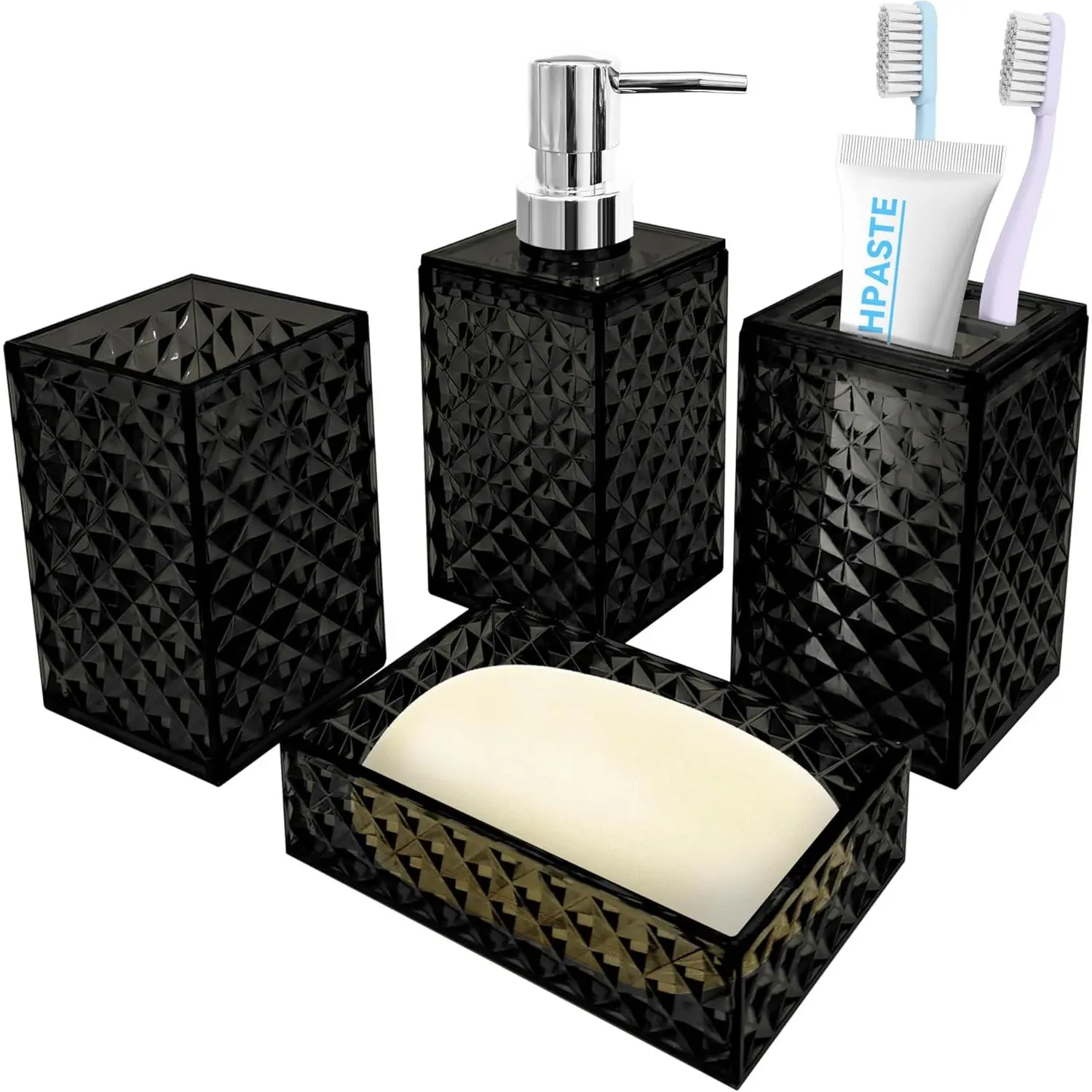 Accessory Set, 4 PCS Black Accessories Set, Soap Dispenser and Toothbrush Holder Set, Soap Dish and Mouthwash Cup, Boho Decor, Sets Accessories