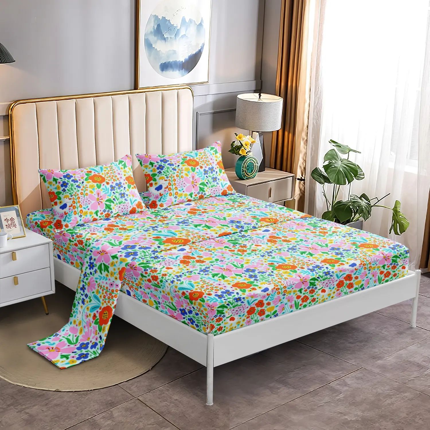 3Pcs Vibrant Colorful Floral Flat Sheet Bedding Set, Bright Multi-color Wildflower Print Flat Sheet Fitted Sheet, Soft Microfiber Boho Cottagecore Aesthetic Bedroom Decor (1 Flat Sheet+1 Fitted Sheet+2 Pillowcases)