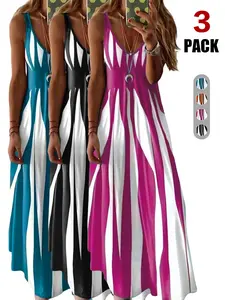 2026 Summer Minimalist Vertical Stripe Sleeveless Maxi Dress, Deep V Neck, Back Hollow Out, Slimming Cinched Waist, Versatile Wardrobe Staple
