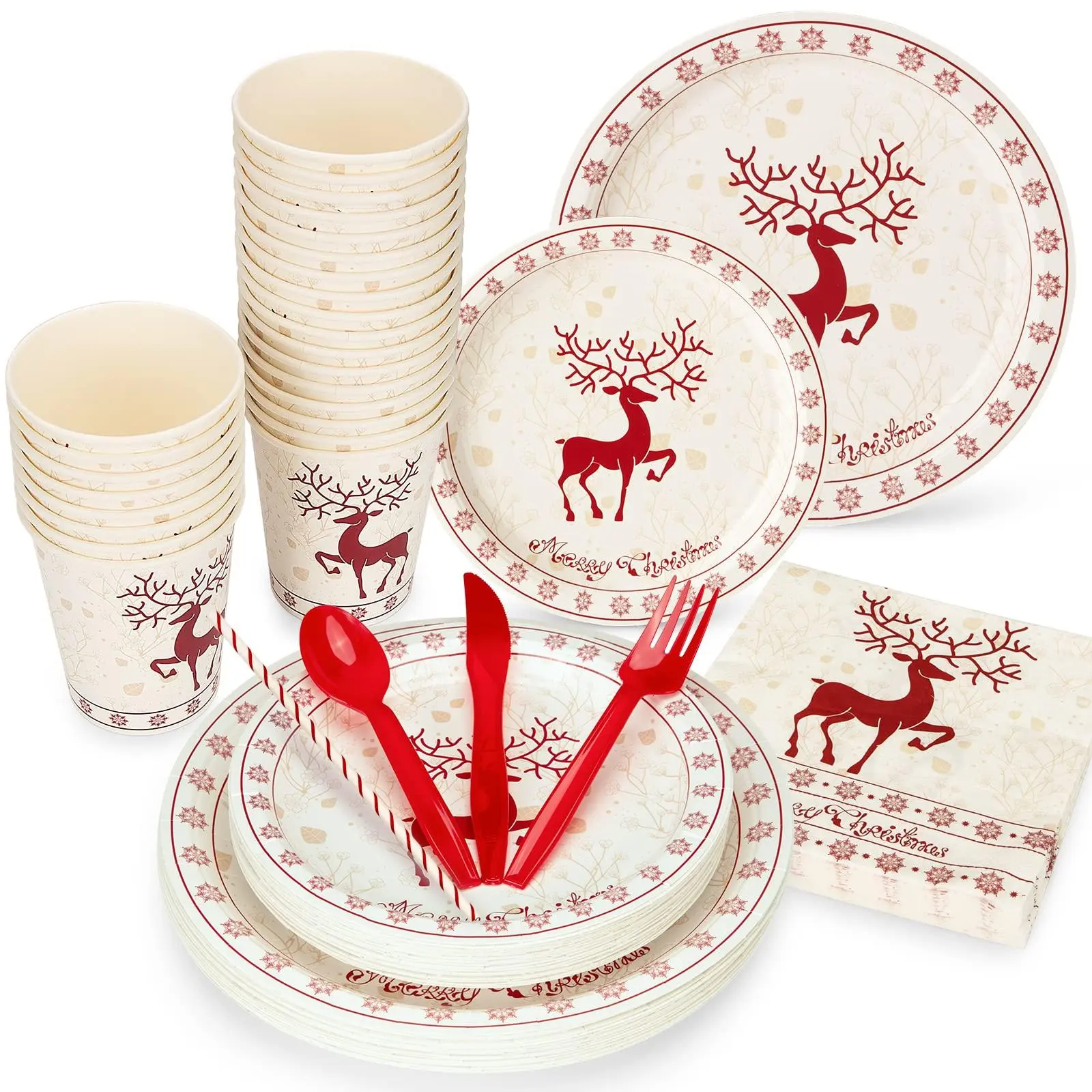 215-Piece Christmas Disposable Paper Tableware Set Pack, Holiday Party Round Plates & Cups with Cutlery, Napkins, Straws, Red White Deer Design, Oil-Proof Thick, for Family Gathering, Easy Cleanup