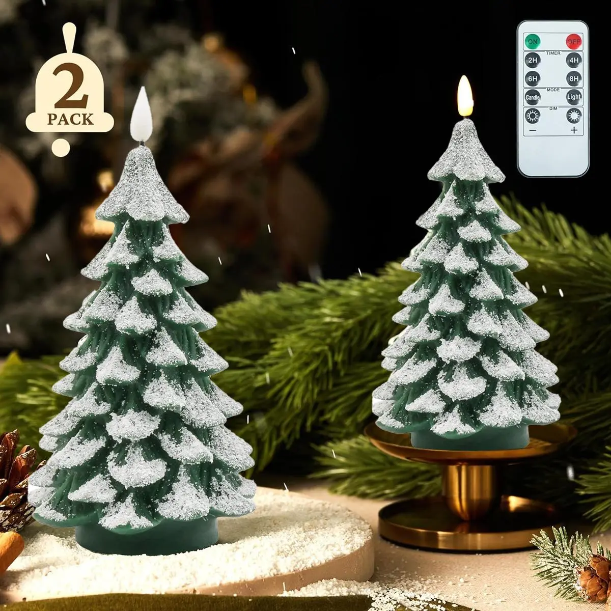 Christmas Tree LED Candle – 7.87" Real Wax Flameless Pillar with Remote & Timer, Battery Operated Flickering Snowflake Design, 2/4/6/8hr Timer, 4 Brightness Levels, Safe Holiday Decor for Mantle Table Window, Xmas Gift