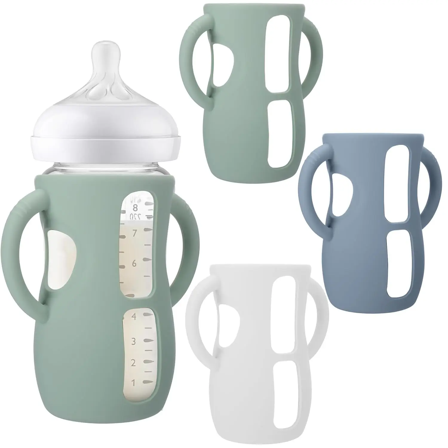 3 Pack Silicone Sleeves  Avent Baby Bottles - Anti Breakage Baby Bottle Holder with Handle,  with Avent Natural Glass Baby Bottles, 8 OZ goblet straw