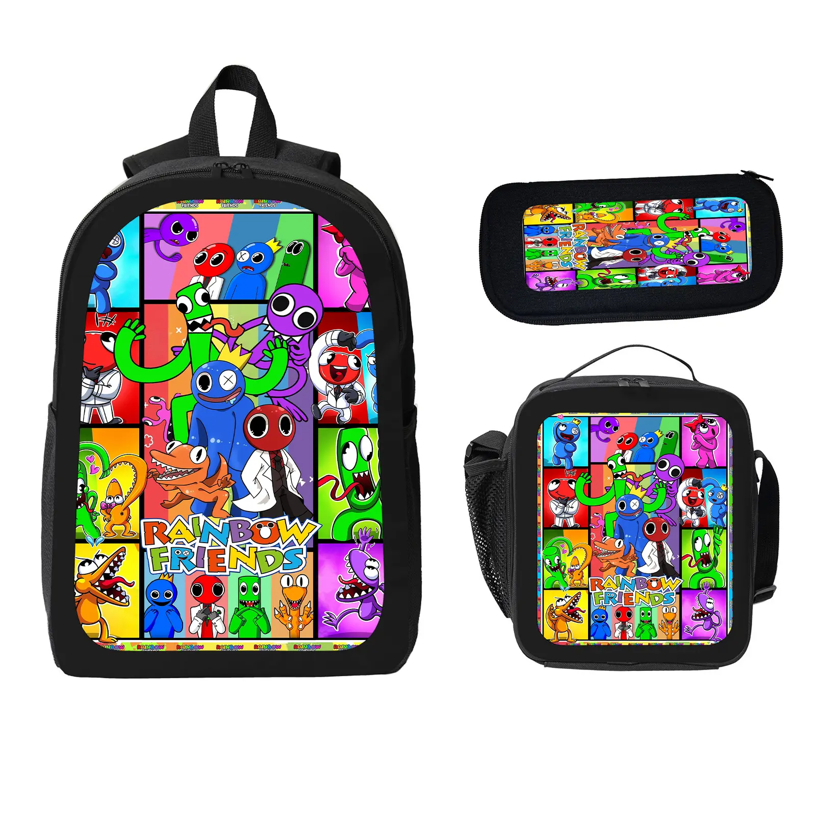 3-Piece School Backpack Set with Lunch Bag & Pencil Case, Unisex Rainbow Friends Polyester Bookbag, Large Space Water-Resistant Daypack for Elementary Kids, Set Pack