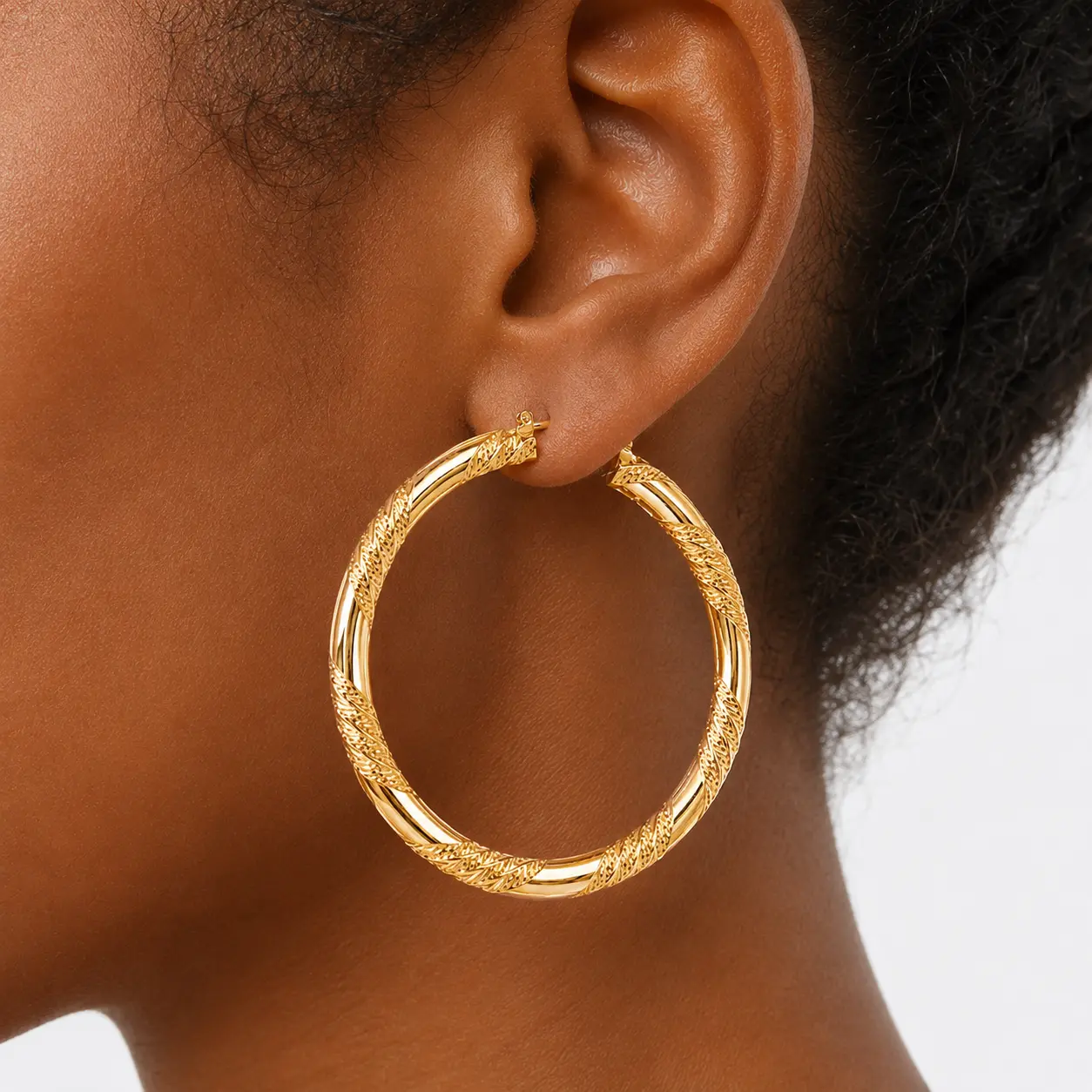 18K Gold Plated Large Hoop Earrings for Women, 5cm Textured Twist Filigree Statement Circle Earrings, Retro Matte Brushed Finish with Polished Contrast, Lightweight Snap Closure Chunky Hoops for Party Daily Wear