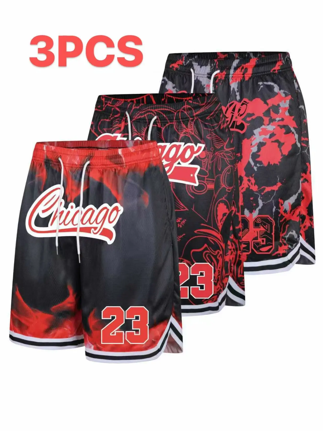 3-Pack Drawstring Basketball Shorts, Casual Sports Pants, Full Print, Breathable Mesh, Ideal for Fitness and Recreation, Comfortable and Stylish