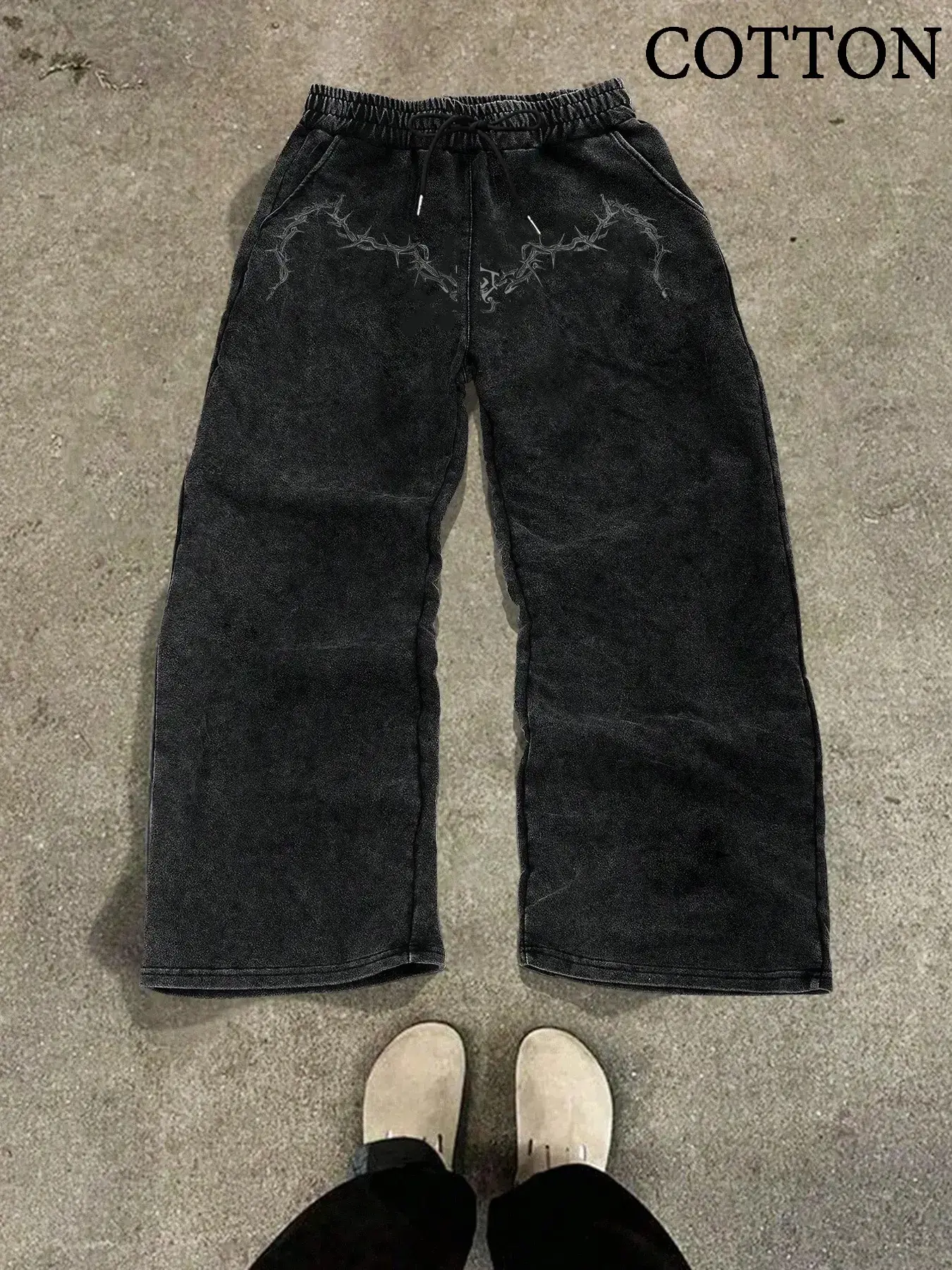 Men's Casual Sporty Long Pants, Oversized, Thorn Pattern Print, Drawstring Wide Leg, All Seasons Wear, Loose Fit, Graphic Style, Drawstring Track Pants