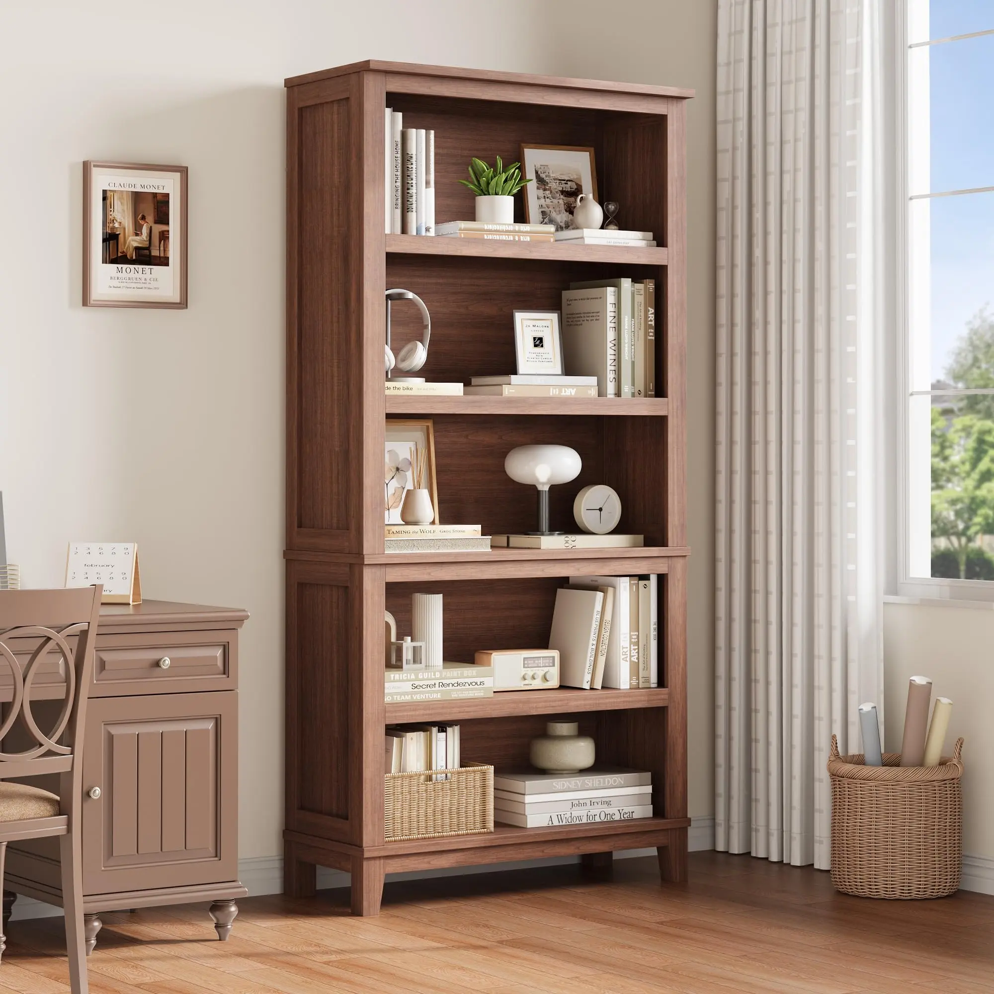 71" Farmhouse 5-Tier Bookshelf, Adjustable Shelves, Retro Wood Grain Large Bookcase for Living Room, Office & Bedroom