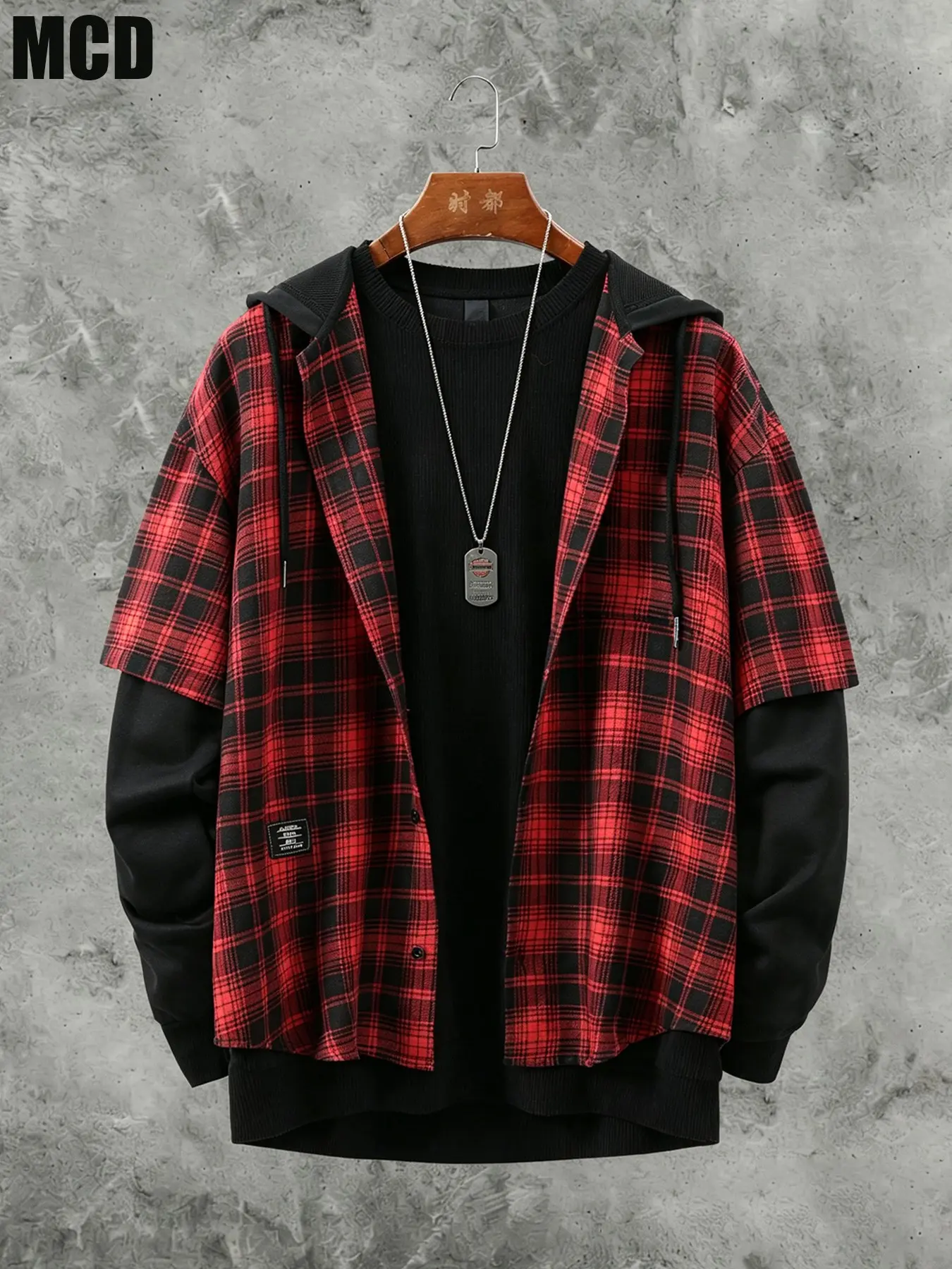 Mcd Plaid Long Sleeve Shirt Jacket, Unisex Casual Loose-Fit, Spring & Fall Fashion, Hooded Design, Perfect for Everyday Wear and Outdoor Activities
