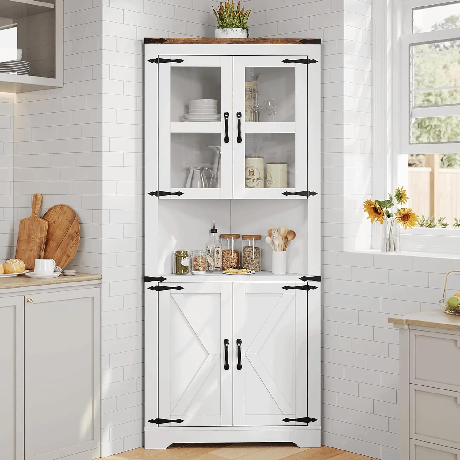 Tall Corner Cabinet, Farmhouse Corner Storage Cabinet with Glass Door & Adjustable Shelves, Space Saving Storage for Living Room, Kitchen, Bathroom, White
