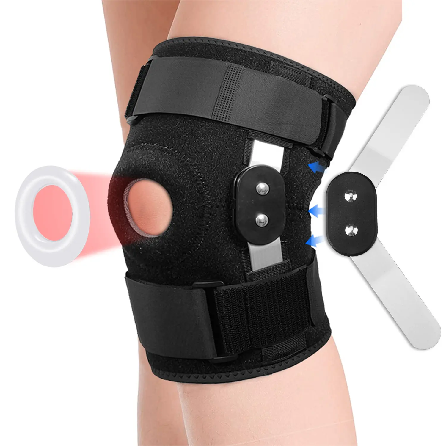 Hinged Knee Brace with Detachable Aluminum Support Strapped Compression Knee Sleeve Shock Absorbing Open Patella Stabilizer Adjustable Straps for Sports Running Workout Injury Recover