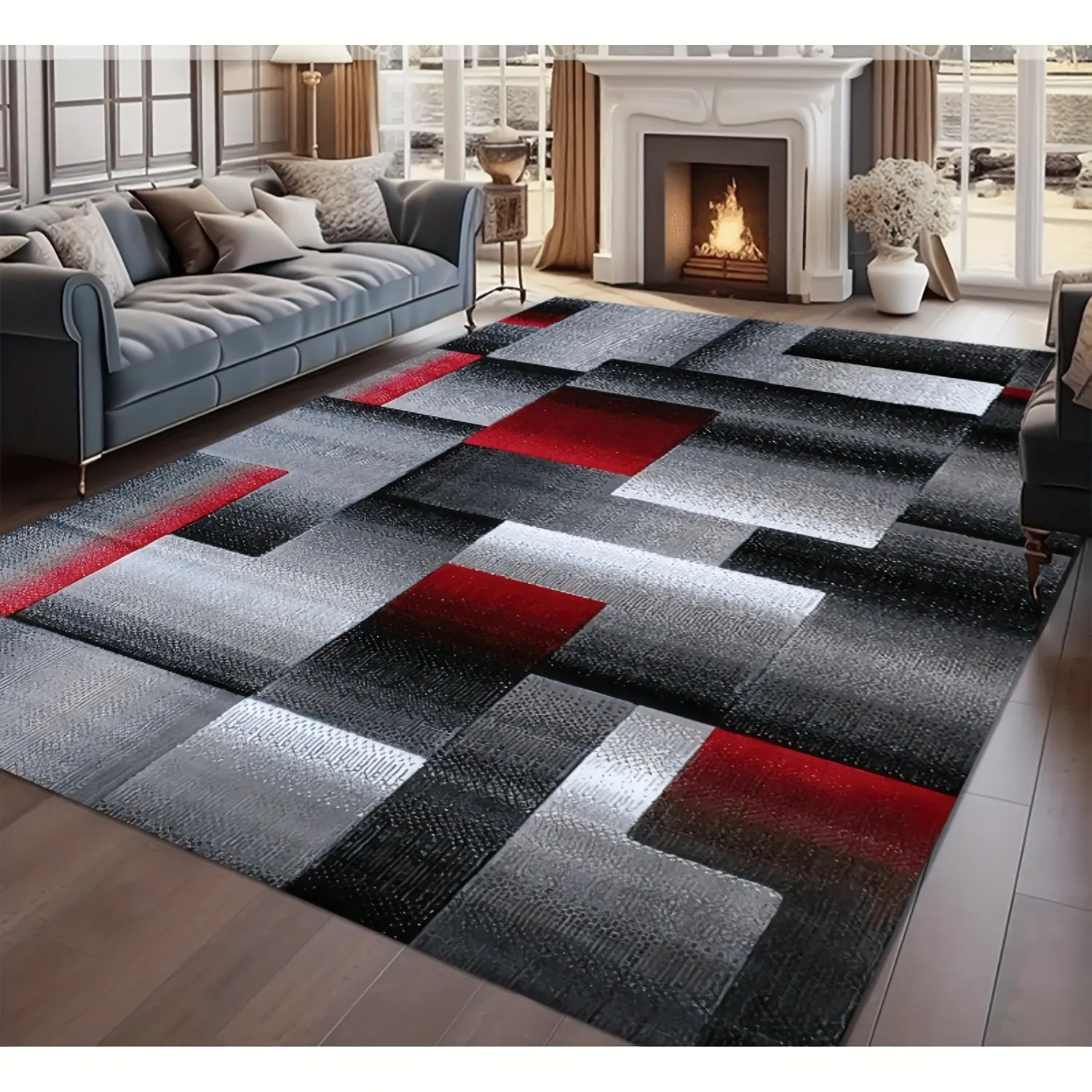 100% Polyester Large Geometric Nordic Area Rug, Machine Washable Home Decor Rug with Anti-Slip Feature, Ideal for Living Room & Bedroom, Available in Black, Gray, Red & White Patterns, Machine Washable Rug