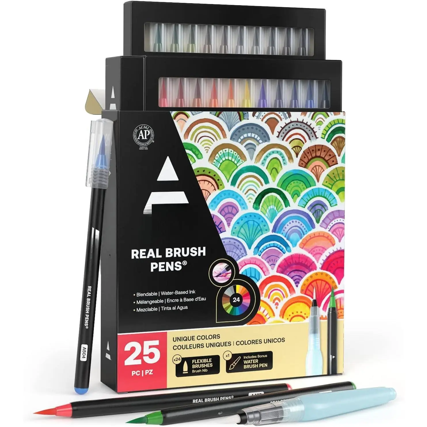 24-Piece Watercolor Pens with Flexible Nylon Tips - Real Brush Markers with Slide Tray for Beginners | Office Stationery Writing Tools, Flexible Tip