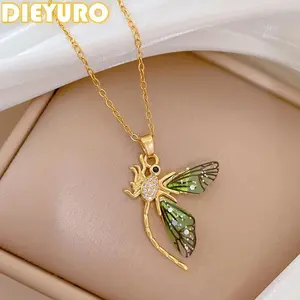 DIEYURO 316L Stainless Steel Colorful Green Winged Dragonfly Pendant Necklace Women Trend Clavicle Chain Jewelry Holiday Gift