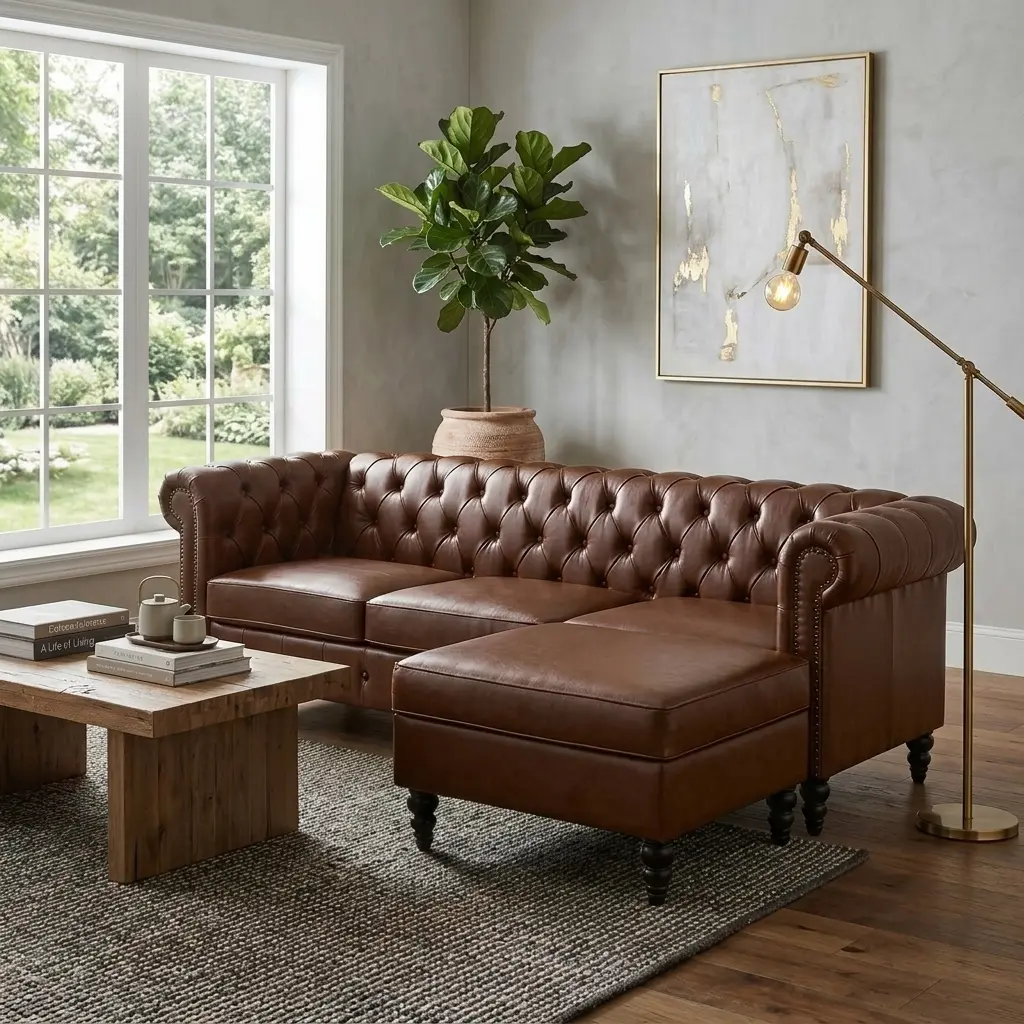 ARCH Modern 4-Seater L-Shaped Sectional Sofa with Storage Ottoman, Brown upholstered Couch with Tufted Back, Rivet Decor Curved Armrests, Solid Birch Wood Legs, Living Room Furniture, 85 Inch, Brown Color Options, PU Material, 4 Seat Seat Count,sohochic