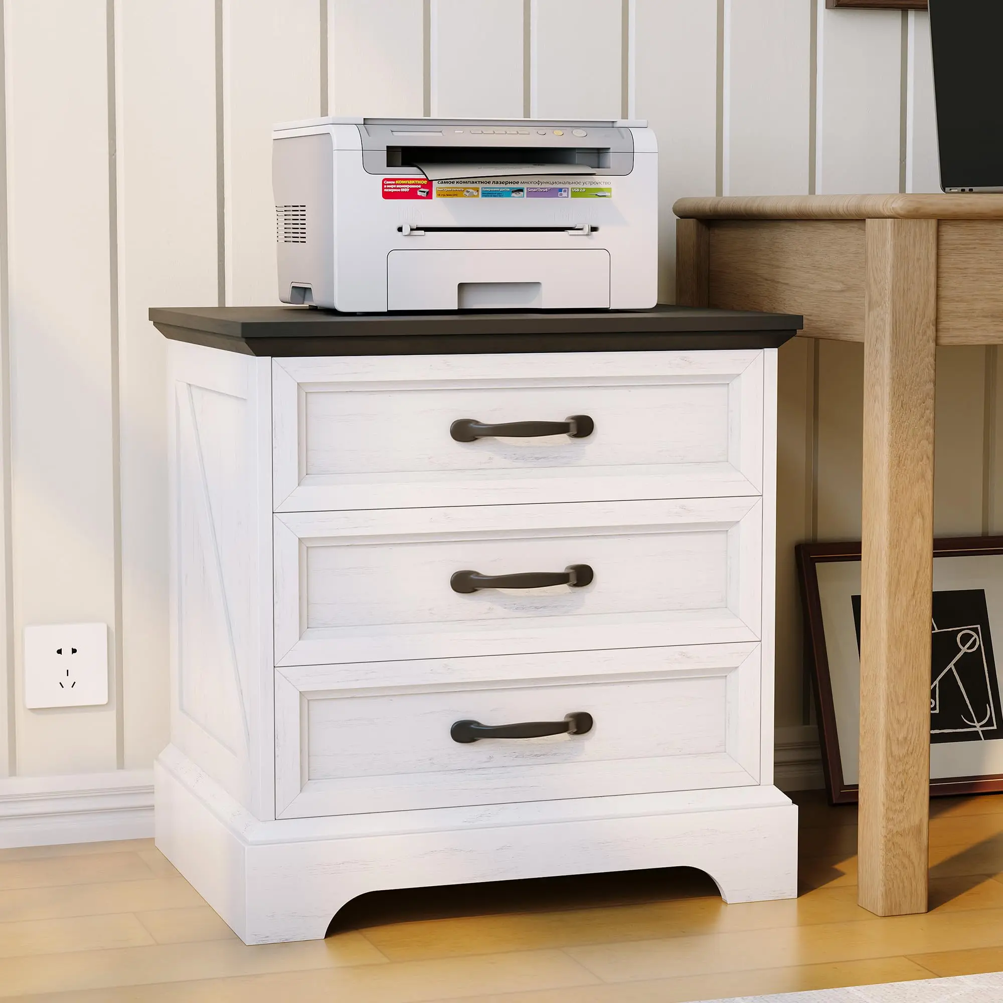 GAOMON Modern Farmhouse Rectangular Nightstand with Charging Station, 3 Large Drawers & Sturdy Base, Rustic White Wood End Table (24-24.8 in Wide) - Ideal for Living Room, Bedroom - Available as Single or Set of 2