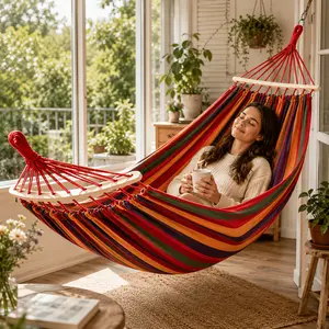 Red Striped Double Hammock - Portable Folding Camping Bed Hammock with 2 Thick Ropes & Carrying Bag for Quick Setup, Ideal for Backyard, Camping Use, Folding Camping Bed Hammocks