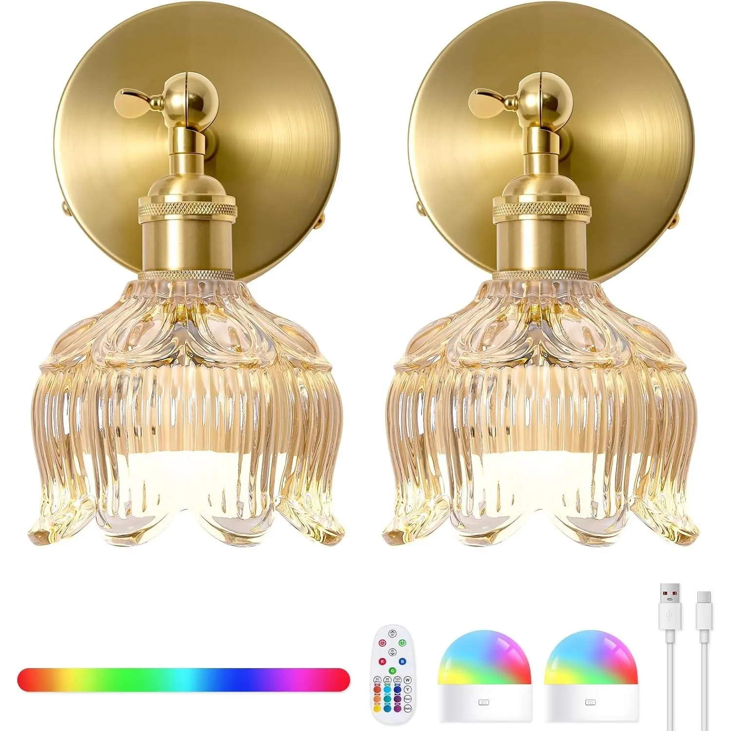 Battery Operated Wall Sconces - 5000mAh Rechargeable Dimmable Lights with Remote Control - Set of 2 Cognac Flower Glass Cordless Mounted Lighting - Wireless Powered Light Sconce for Bedroom