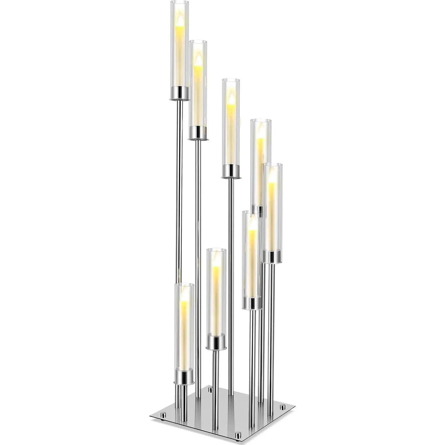 41.5" Tall Floor Candelabras, 8-arm Cluster Standing Candle Holders with Clear Acrylic Shades, Silver Wedding Centerpiece Candelabra for Flameless/LED Taper Candles, Party & Event Decor(1 Pack)