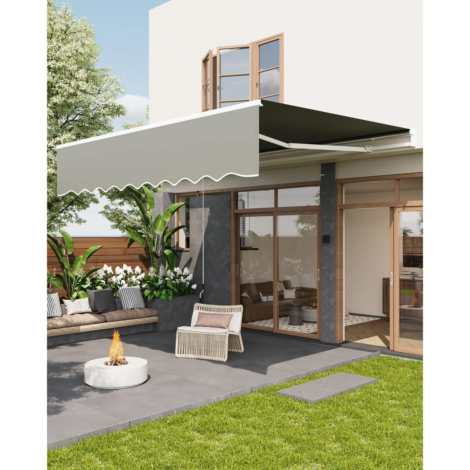 Garvee Retractable Patio Dining Set Awning - Manual Hand Crank, Waterproof UV50+ Fade-Resistant Polyester, Rust-Proof Aluminum Frame, Adjustable Angle, For Deck, Balcony, Porch, Khaki