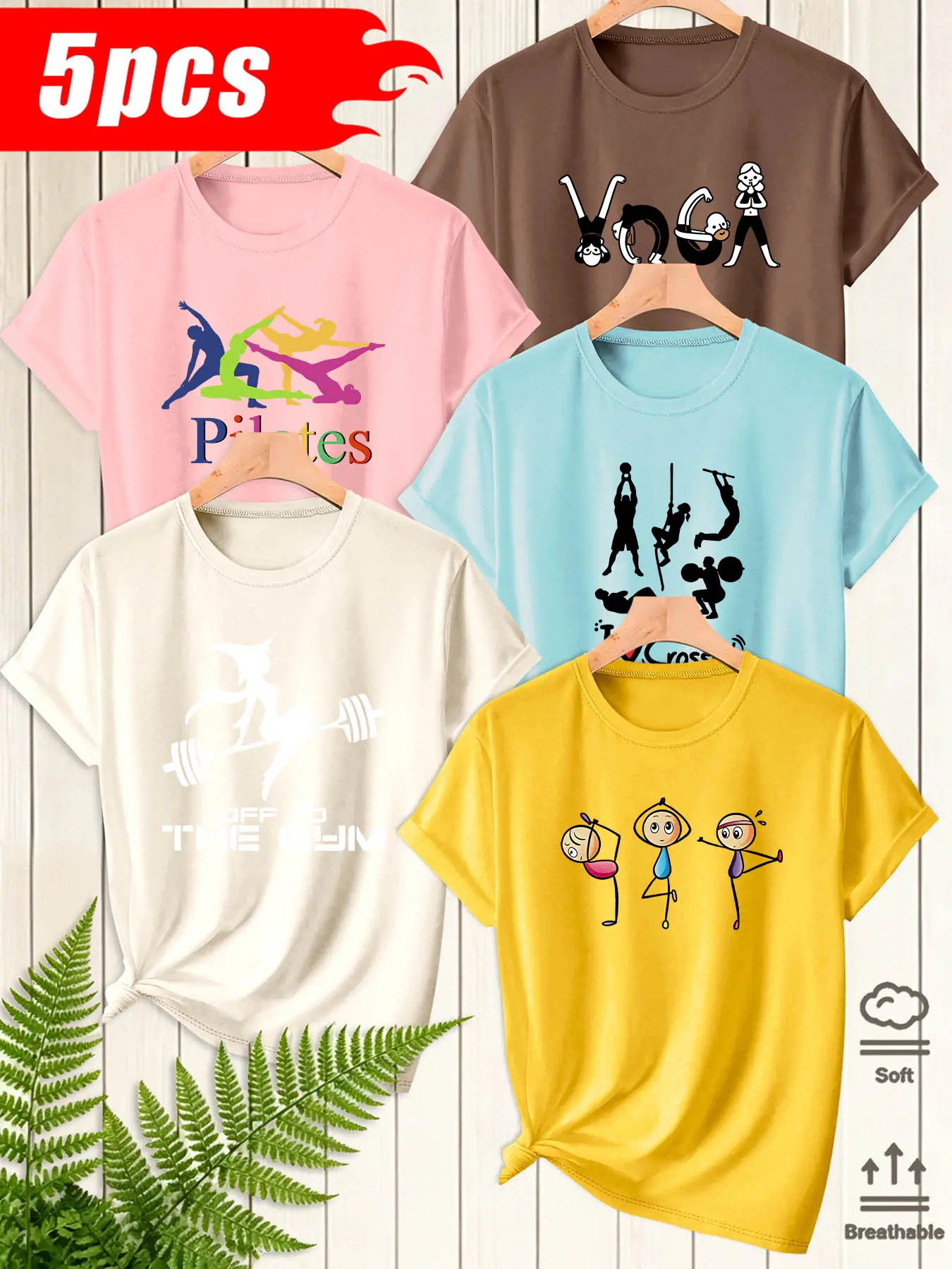 5Pcs Women Crew Neck T-Shirt, Fitness Lover Print Pilates, Weightlifting & CrossFit Minimal Human Silhouette Graphics, Multi-color Available, Machine Washable, Soft Skin-friendly Spring Summer Daily Stylish Top