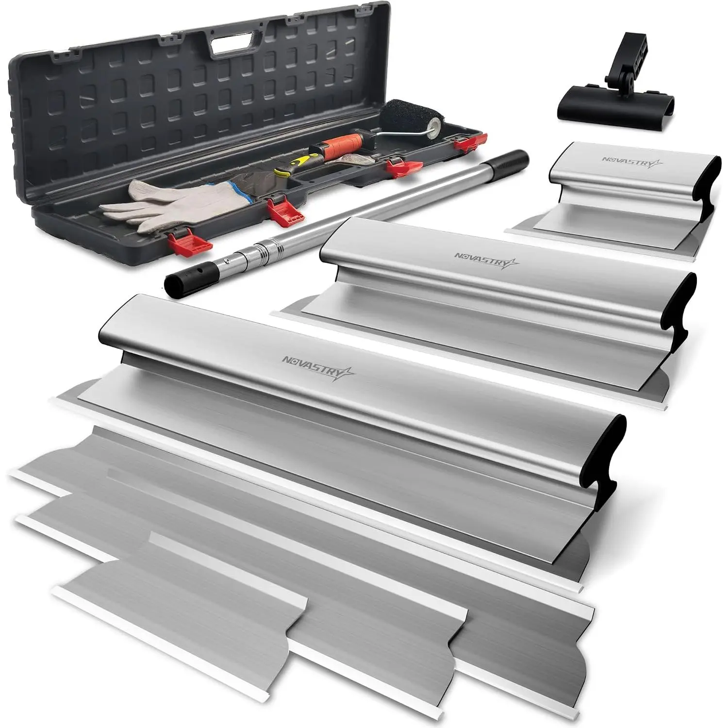 Drywall Skimming  Set, 12", 24" & 32" Stainless Steel  with 34"-81" Extension Handle, Includes 3 Spare , Roller & Putty , Wall Finishing Tools with Storage Box