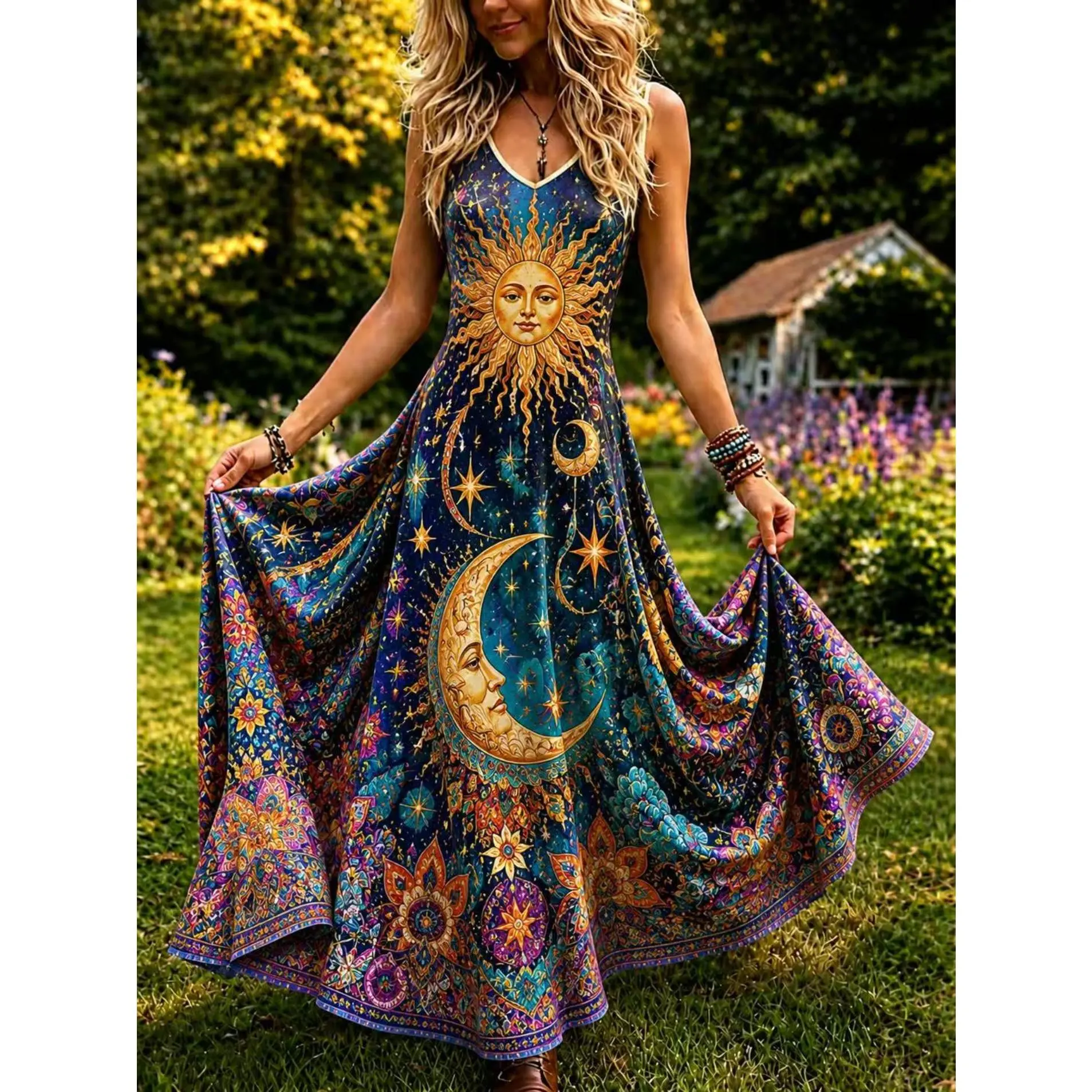 Women's New Bohemian Sun-Moon Floral Pendulum Dress - Boho Clothes for Women, Bohemian Look, Strap Suspenders, Vacation-Style Retro Printed Casual Dress