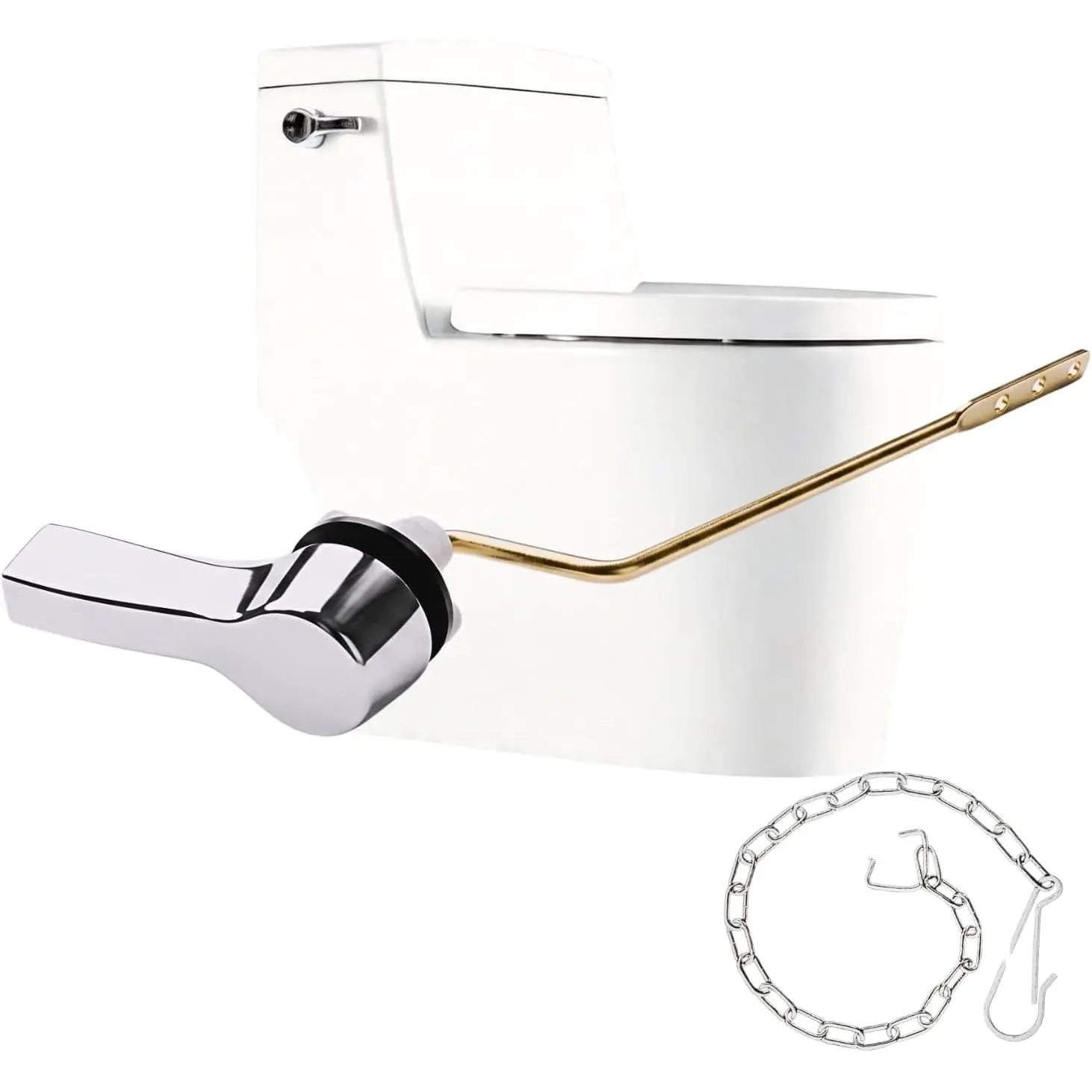 Side Mount Toilet Handle  Kit-Chrome Finish | Zinc Alloy Handle, Solid Brass Rod with Stainless Steel Chain, Easy Installation Toilet Flush Handle