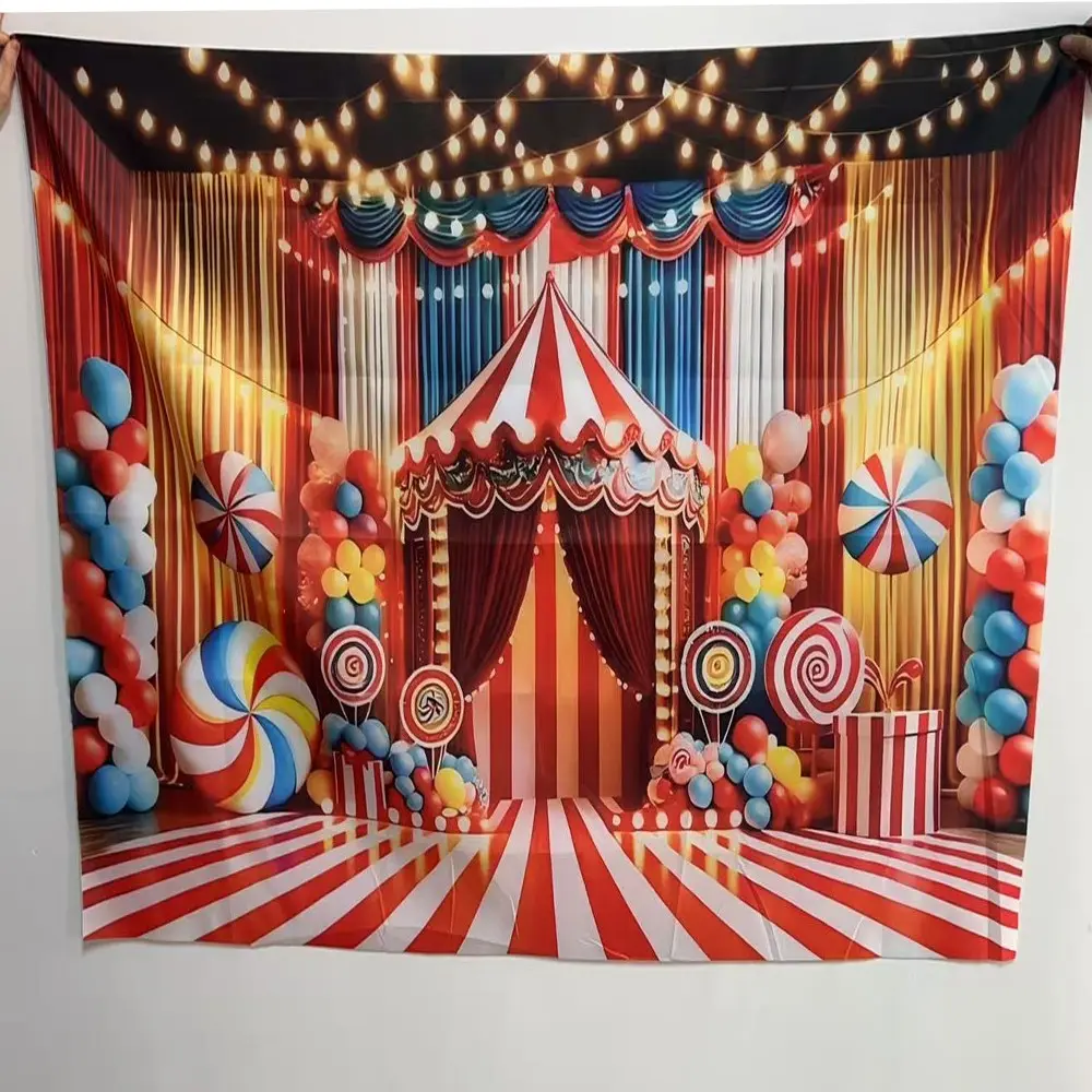 2D flat 1pc circus carnival themed backdrop, Birthday party backdrop, circus entrance scene, red and white stripes with lollipop elements, suitable for birthday parties, children's carnival activities, multiple sizes, polyester material